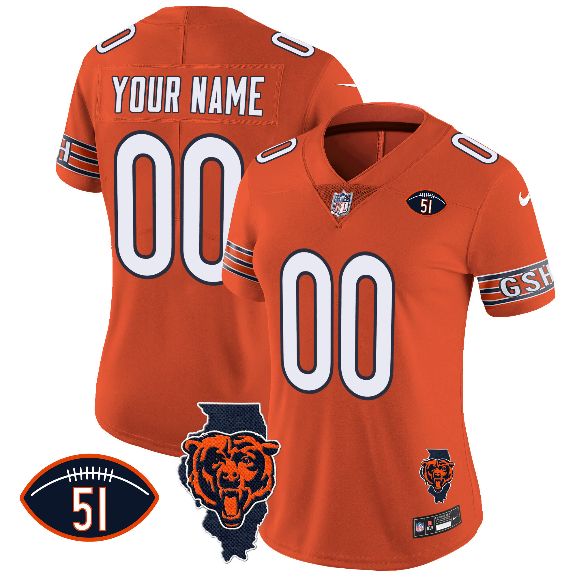 Women's Chicago Bears Illinois Patch Vapor Custom Orange Jersey - All Stitched