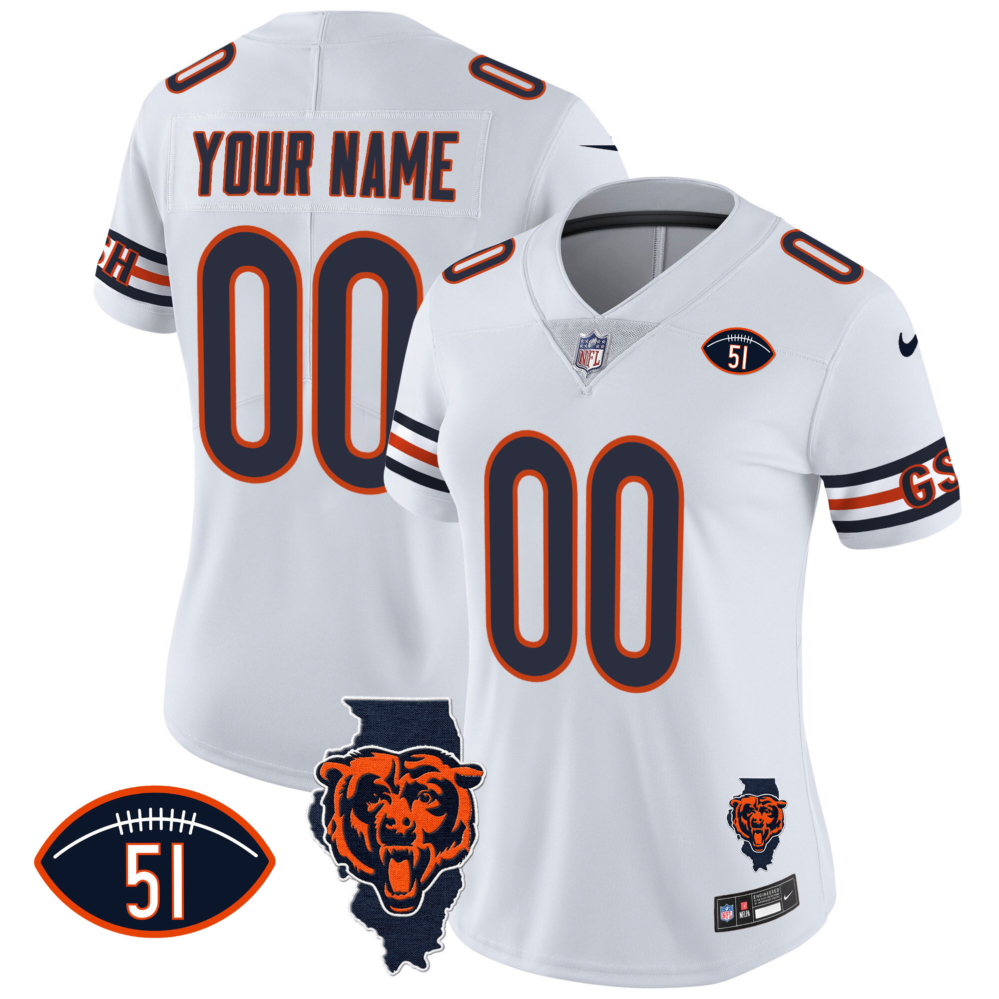 Women's Chicago Bears Illinois Patch Vapor Custom White Jersey - All Stitched