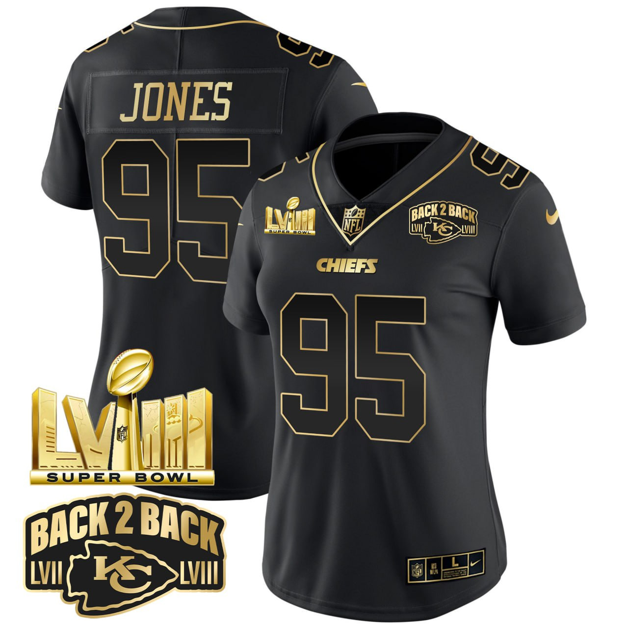 Women's Chris Jones Kansas City Chiefs Super Bowl LVIII & Back 2 Back Gold Patch Black Gold Women Style Chris Jones Jersey - All Stitched