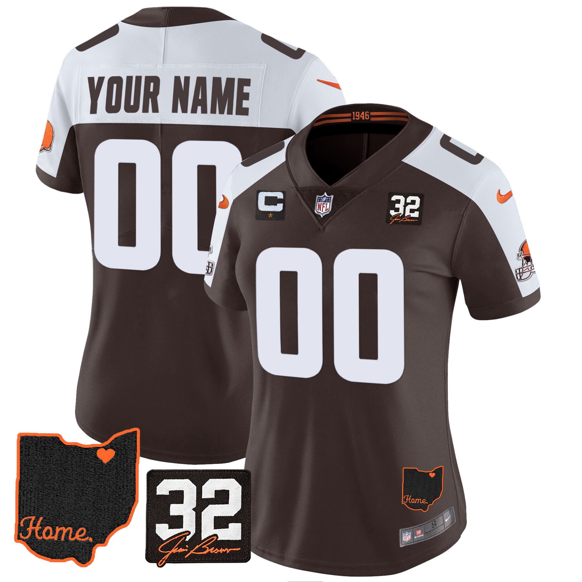 Women's Cleveland Browns #32 Jim Brown Memorial & Home Patch Custom Alternate Jersey - All Stitched