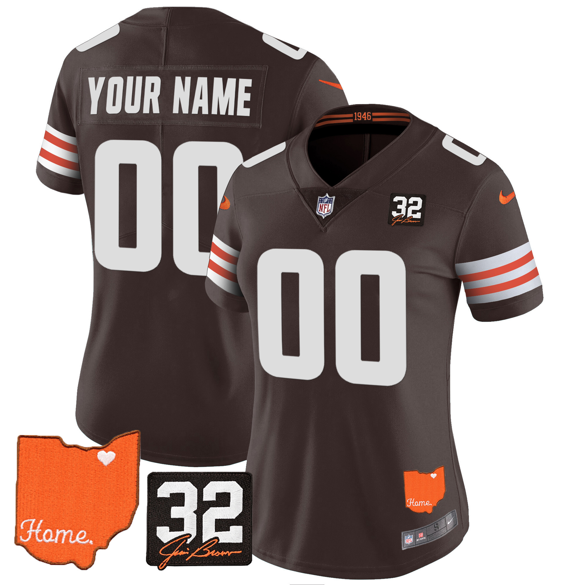 Women's Cleveland Browns #32 Jim Brown Memorial & Home Patch Custom Brown Jersey - All Stitched