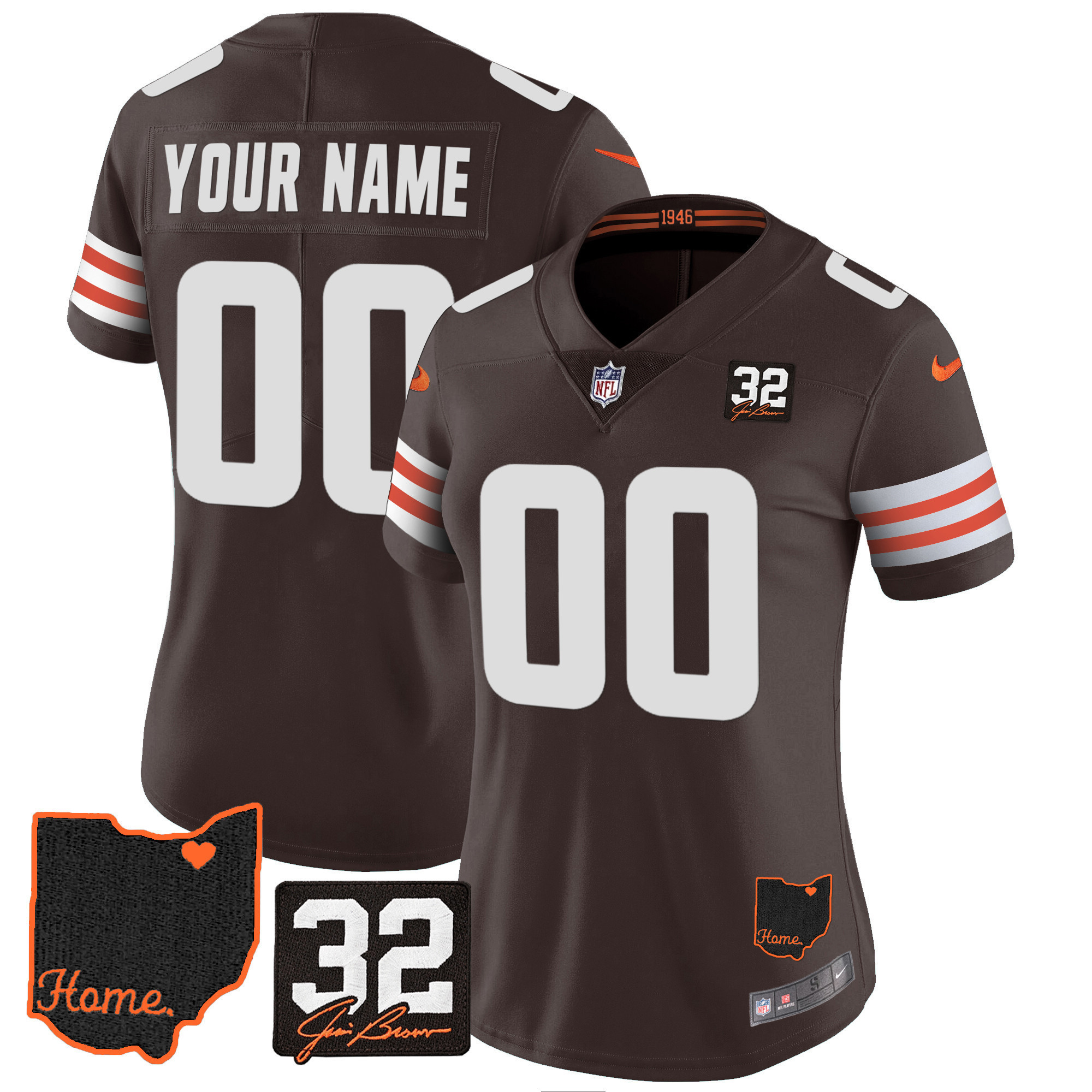 Women's Cleveland Browns #32 Jim Brown Memorial & Home Patch Custom Brown Jersey - All Stitched