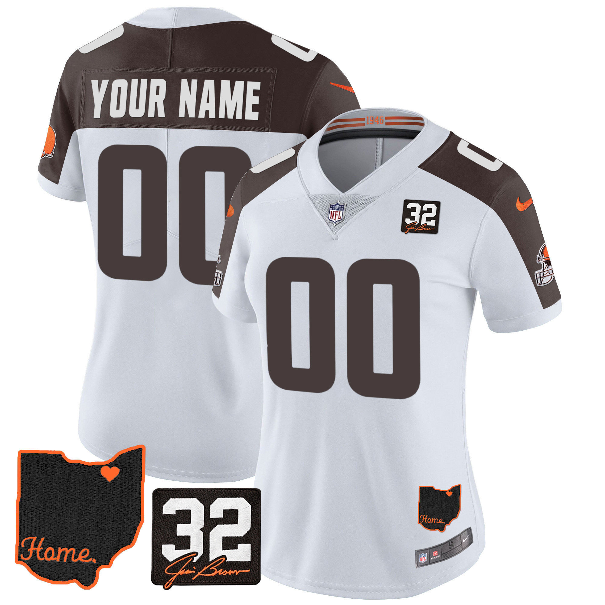 Women's Cleveland Browns #32 Jim Brown Memorial & Home Patch Custom Inverted Jersey - All Stitched