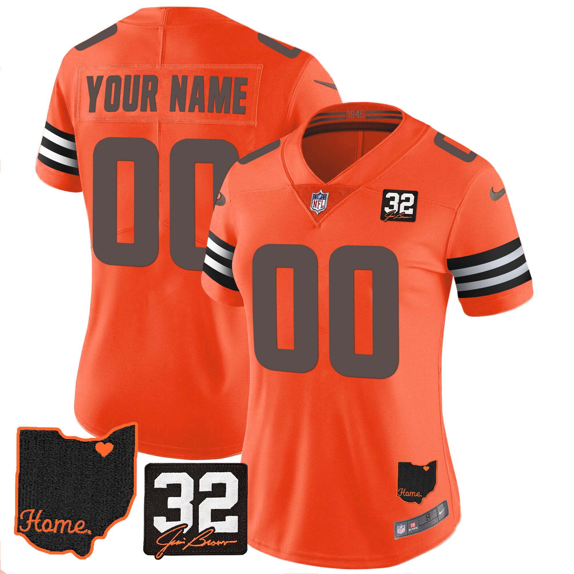 Women's Cleveland Browns #32 Jim Brown Memorial & Home Patch Custom Orange Jersey - All Stitched