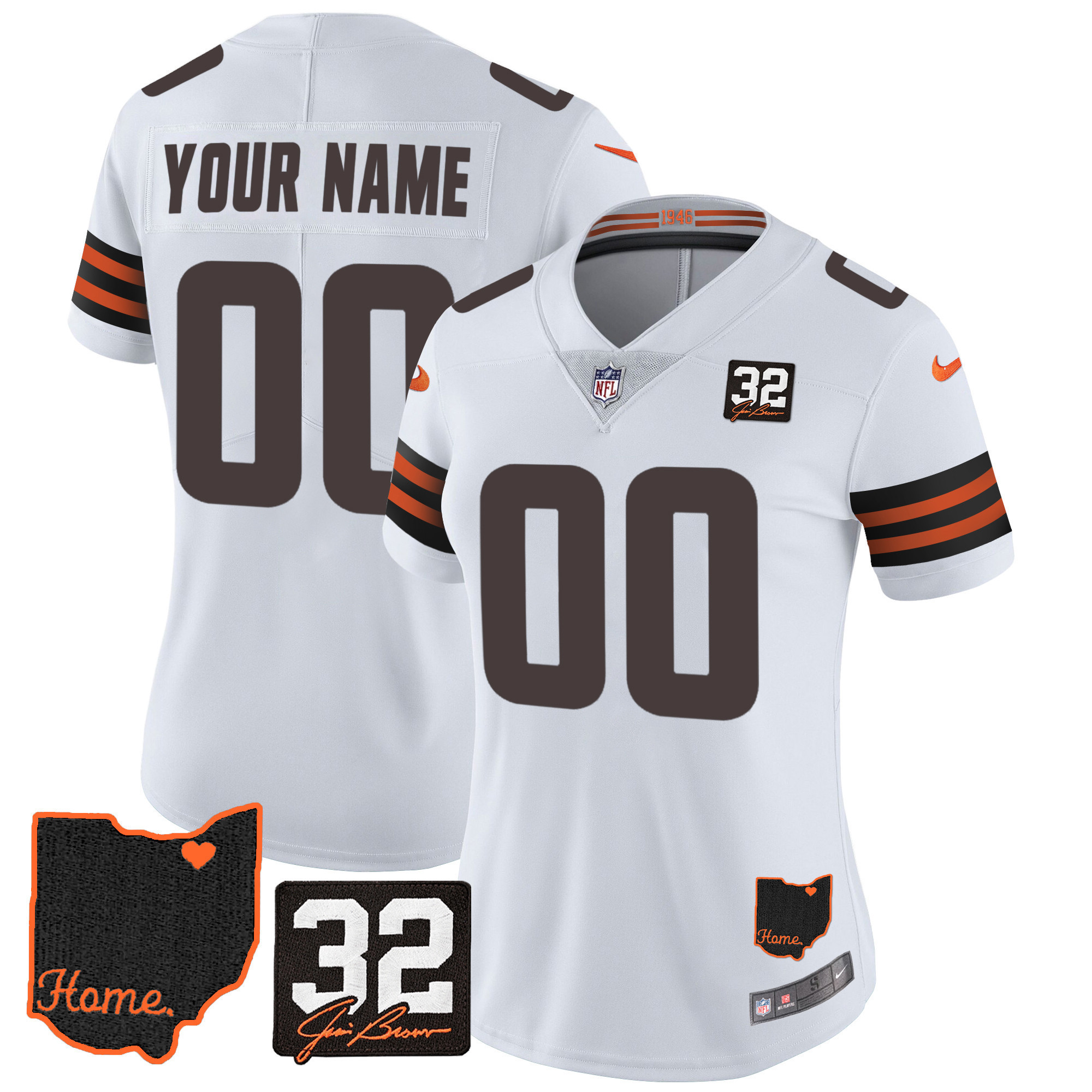 Women's Cleveland Browns #32 Jim Brown Memorial & Home Patch Custom White Jersey - All Stitched