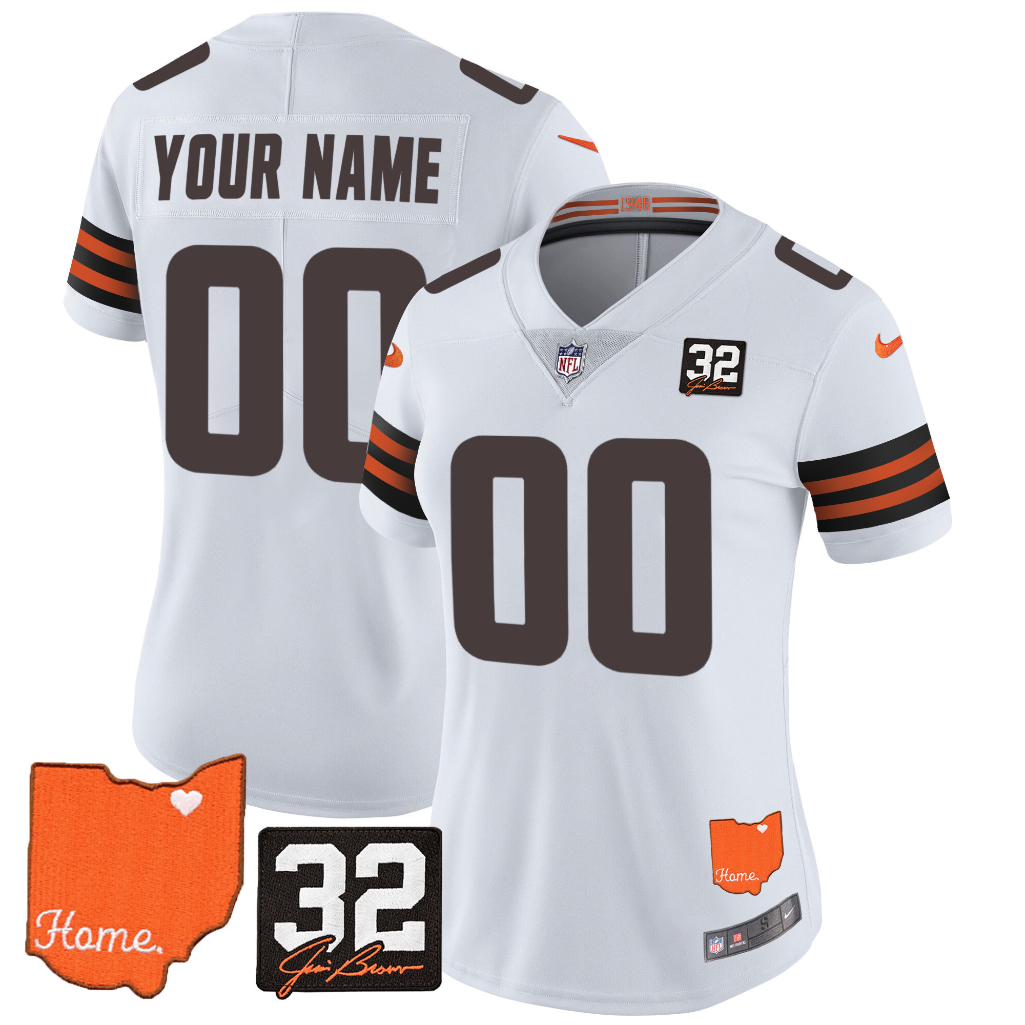 Women's Cleveland Browns #32 Jim Brown Memorial & Home Patch Custom White Jersey - All Stitched