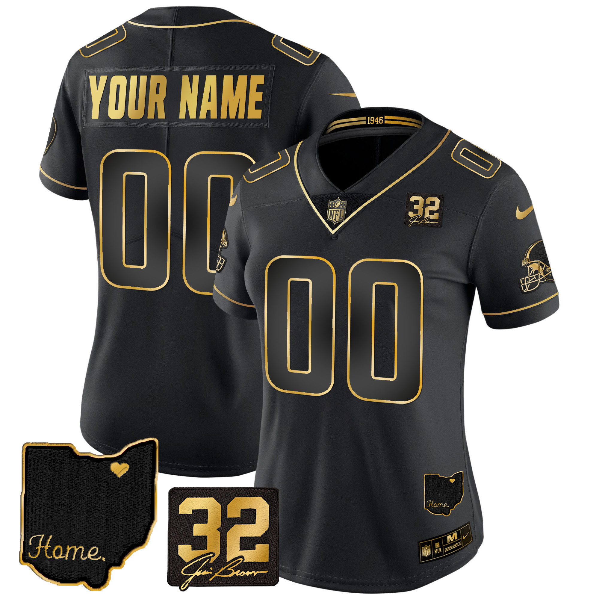 Women's Cleveland Browns #32 Jim Brown Memorial & Home Patch Gold Custom Black Gold Jersey - All Stitched