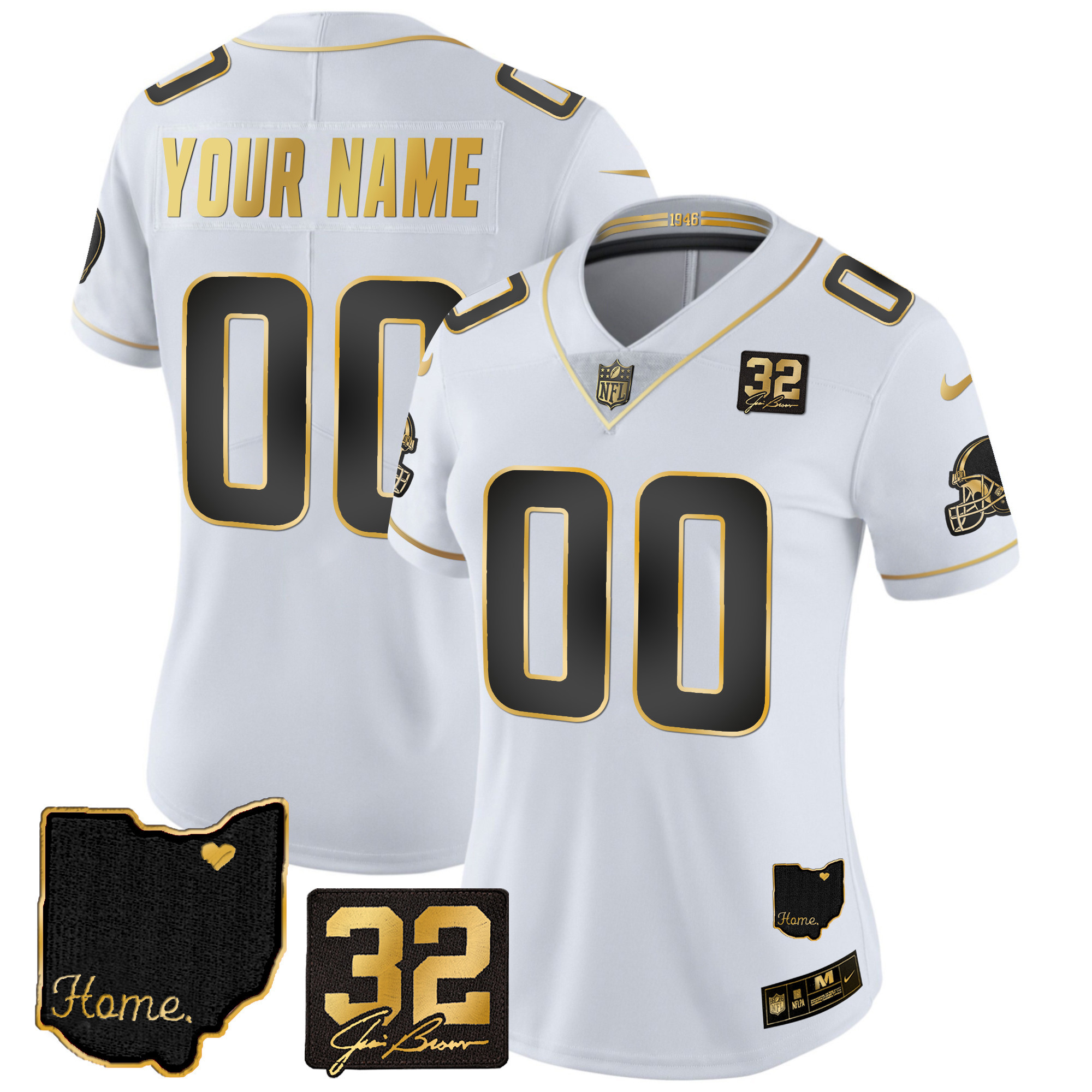 Women's Cleveland Browns #32 Jim Brown Memorial & Home Patch Gold Custom White Gold Jersey - All Stitched