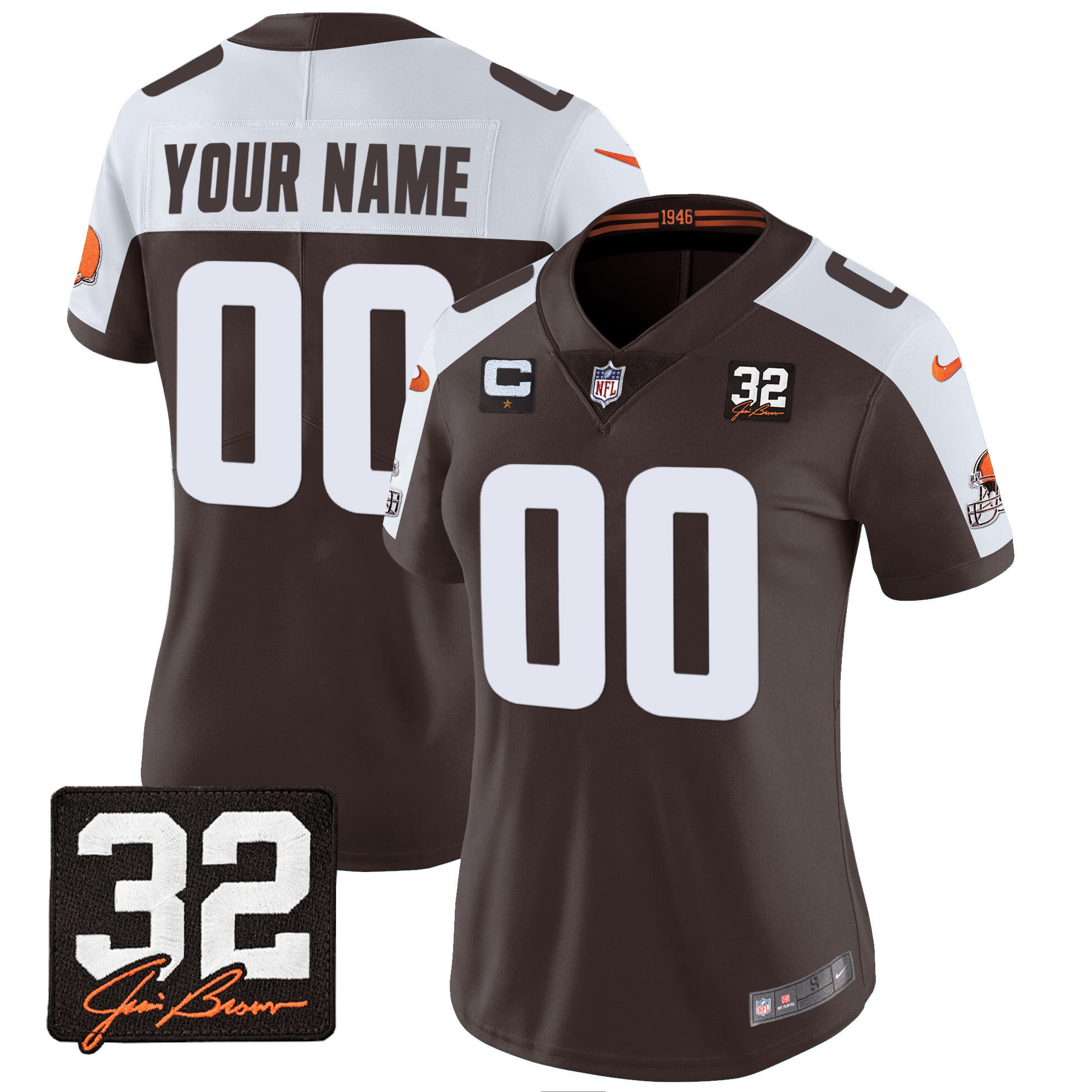 Women's Cleveland Browns #32 Jim Brown Memorial Patch Custom Alternate Jersey - All Stitched