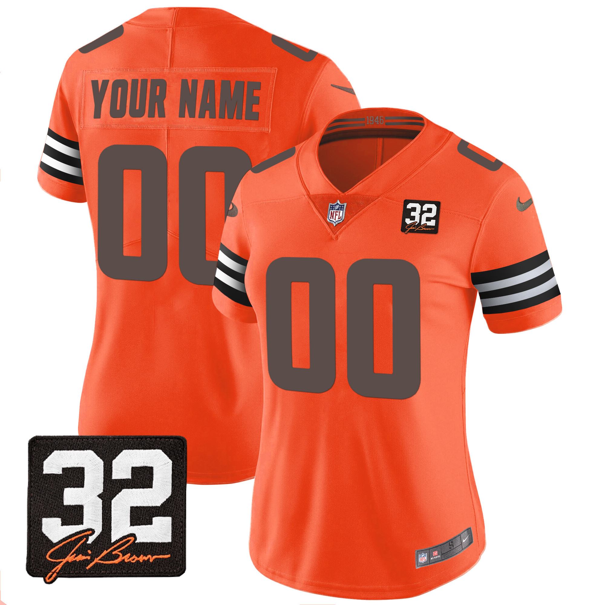 Women's Cleveland Browns #32 Jim Brown Memorial Patch Custom Orange Jersey - All Stitched