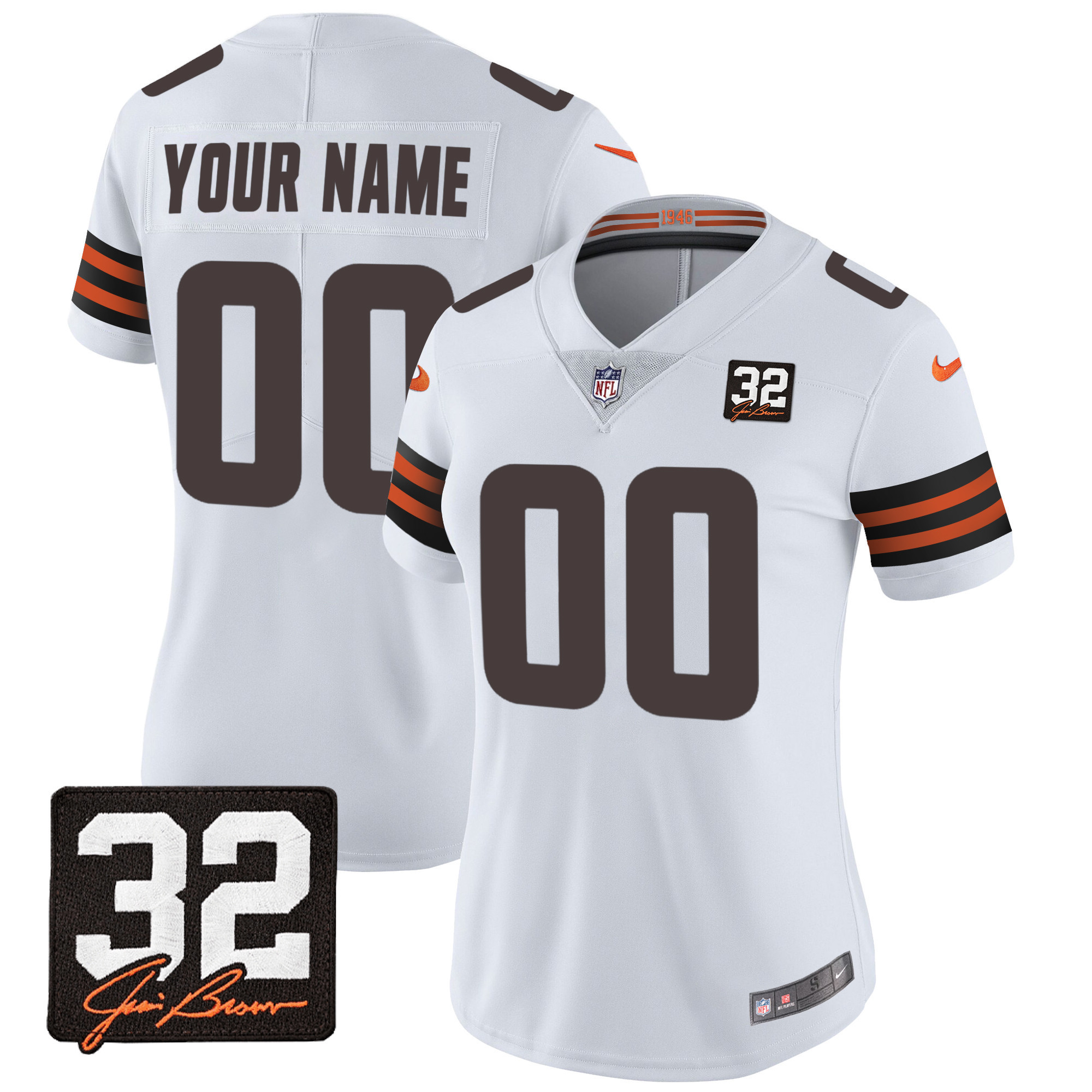 Women's Cleveland Browns #32 Jim Brown Memorial Patch Custom White Jersey - All Stitched