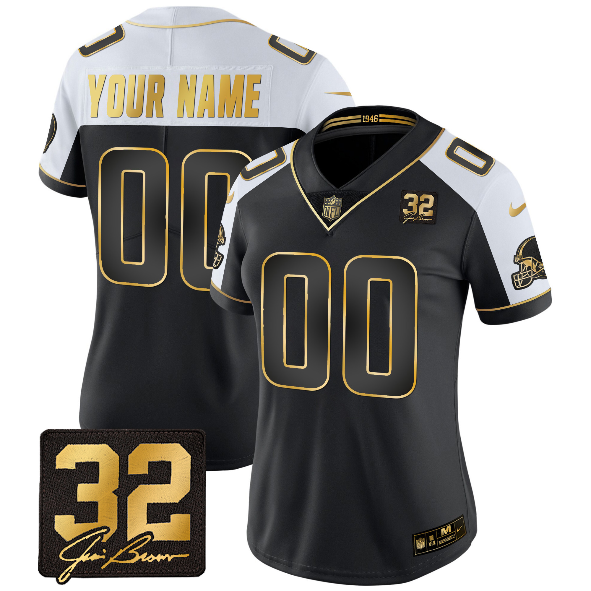 Women's Cleveland Browns #32 Jim Brown Memorial Patch Gold Custom Alternate Jersey - All Stitched