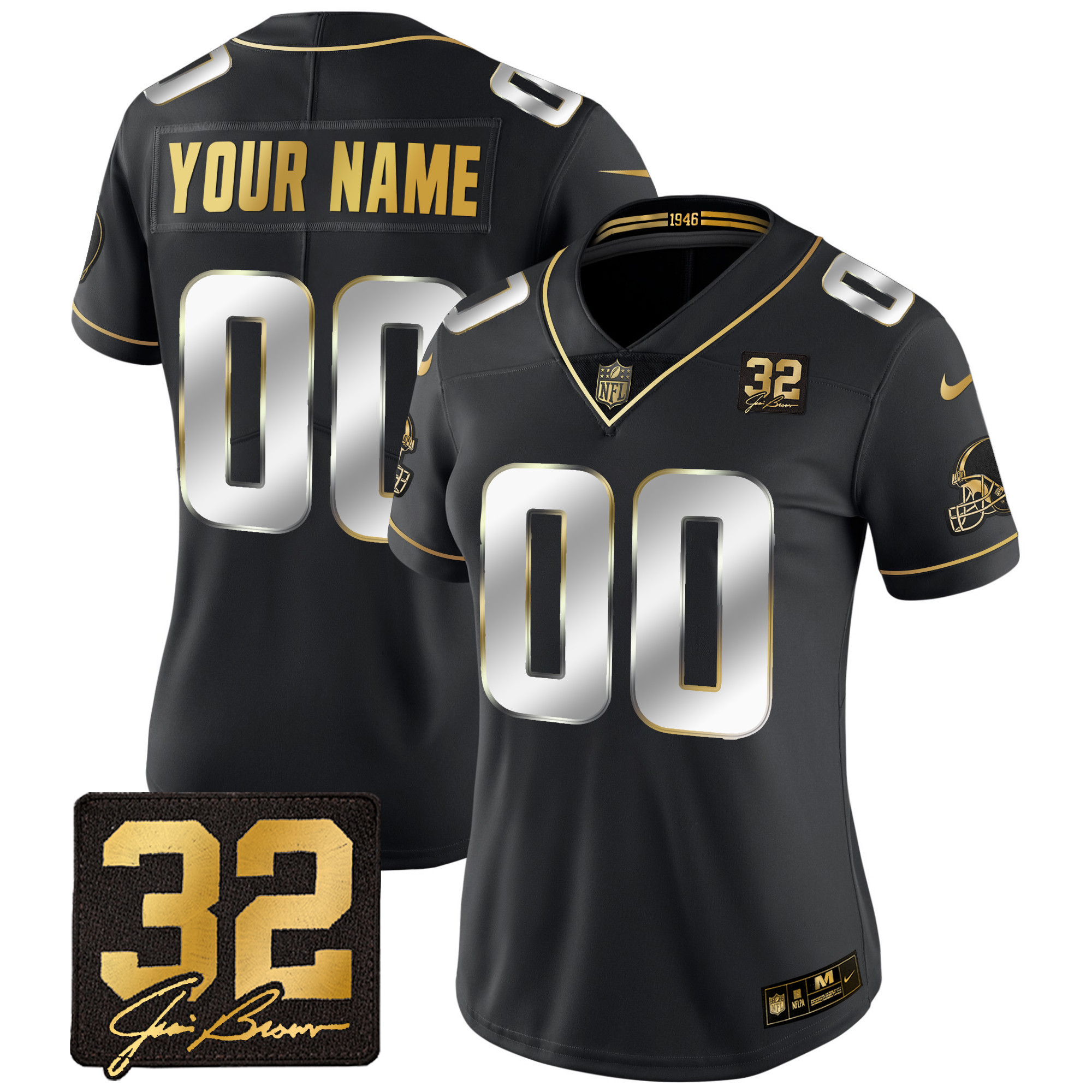 Women's Cleveland Browns #32 Jim Brown Memorial Patch Gold Custom Black Limited Jersey - All Stitched