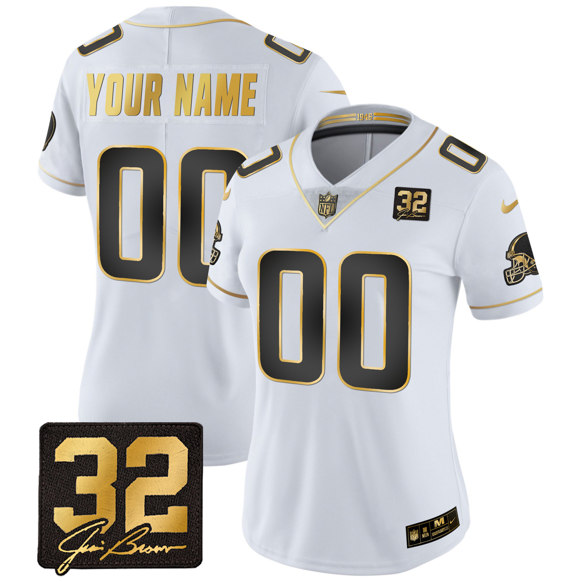 Women's Cleveland Browns #32 Jim Brown Memorial Patch Gold Custom White Gold Jersey - All Stitched