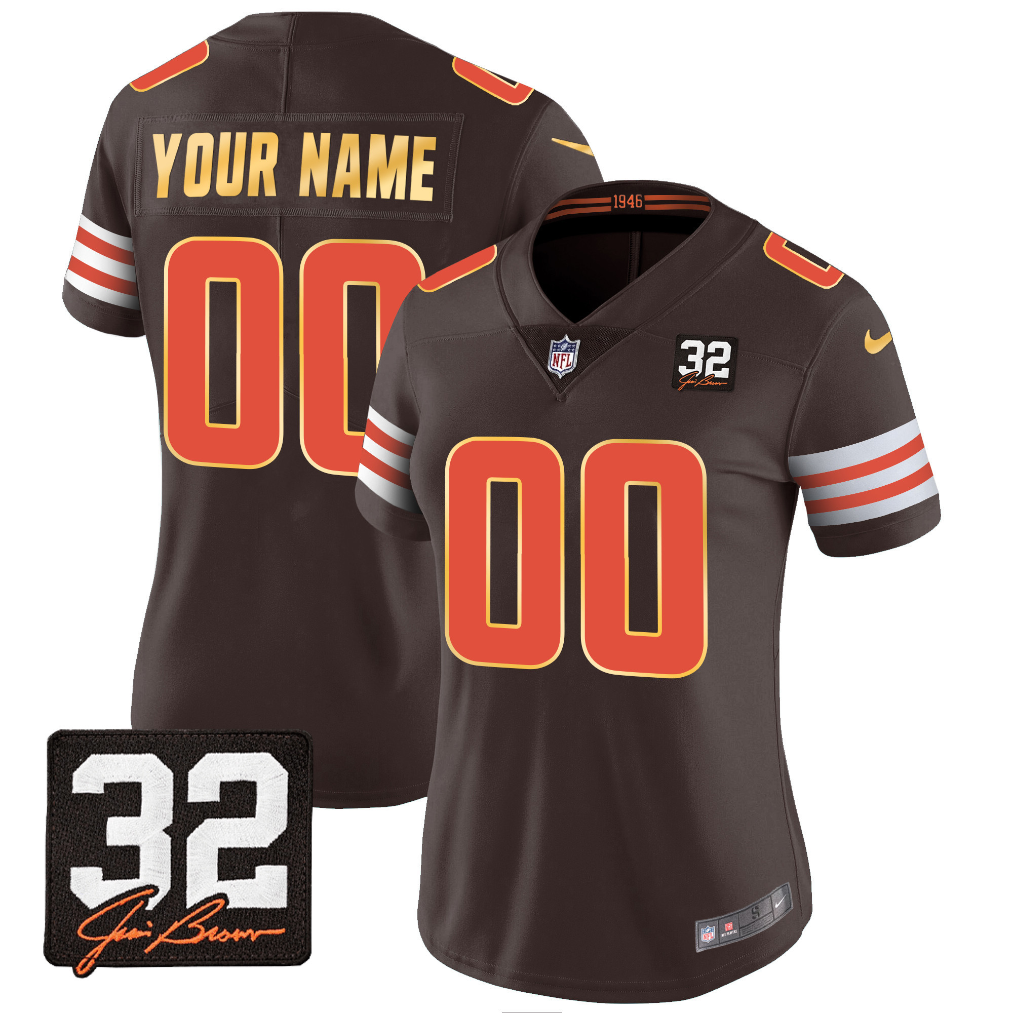 Women's Cleveland Browns #32 Jim Brown Memorial Patch Gold Trim Custom Brown Jersey - All Stitched