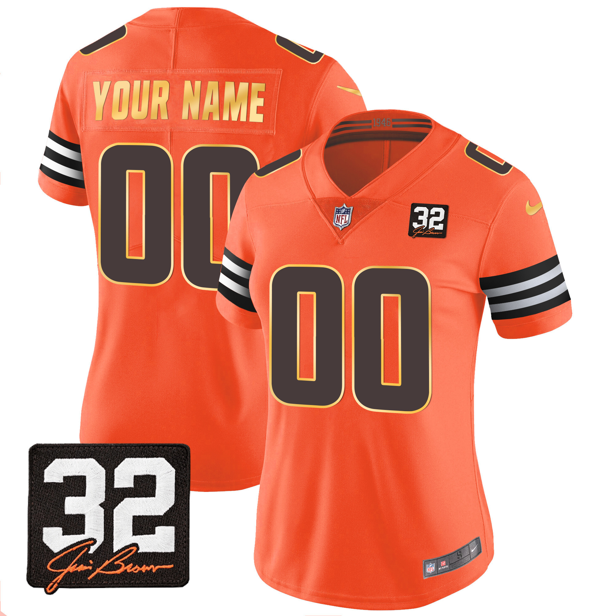 Women's Cleveland Browns #32 Jim Brown Memorial Patch Gold Trim Custom Orange Jersey - All Stitched