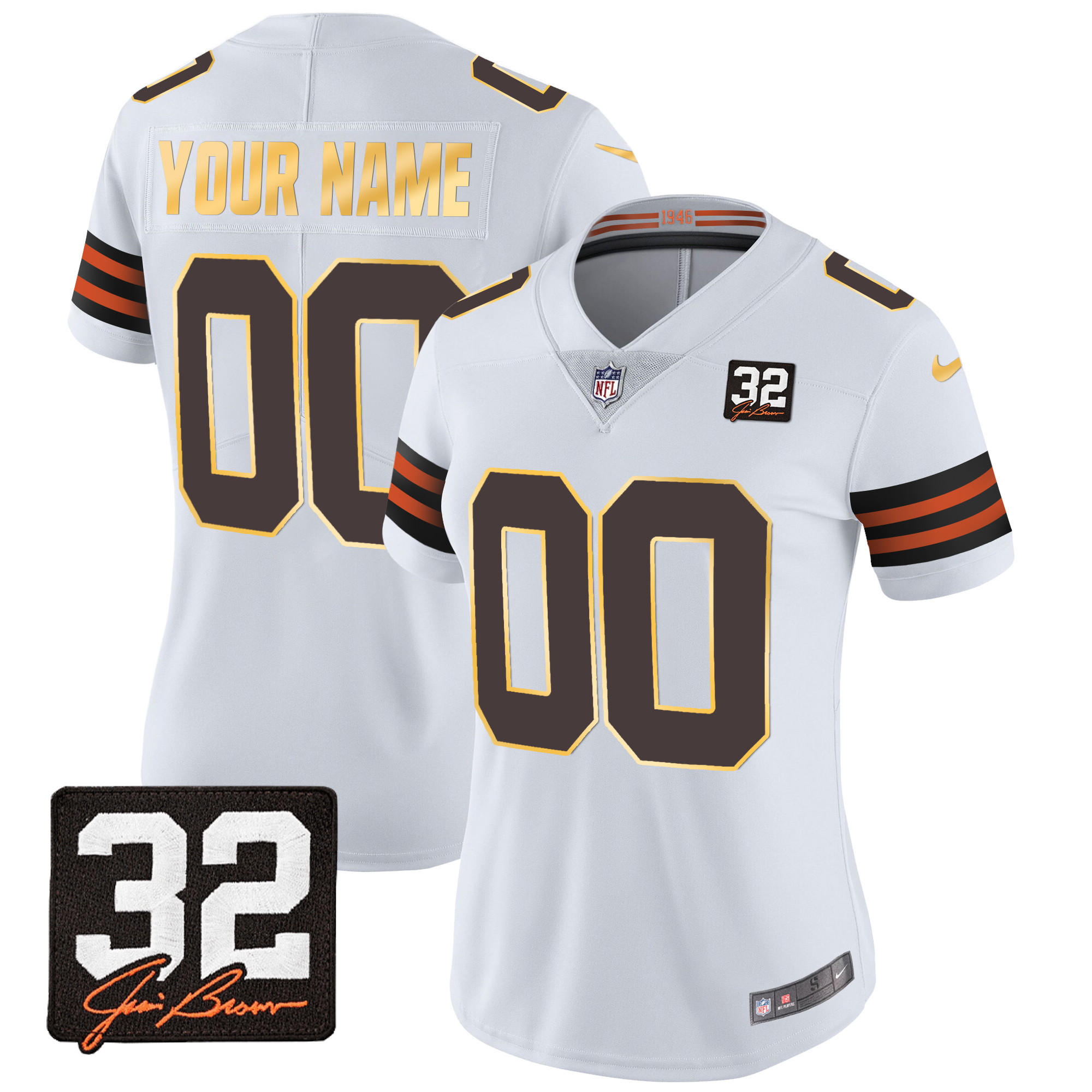 Women's Cleveland Browns #32 Jim Brown Memorial Patch Gold Trim Custom White Jersey - All Stitched