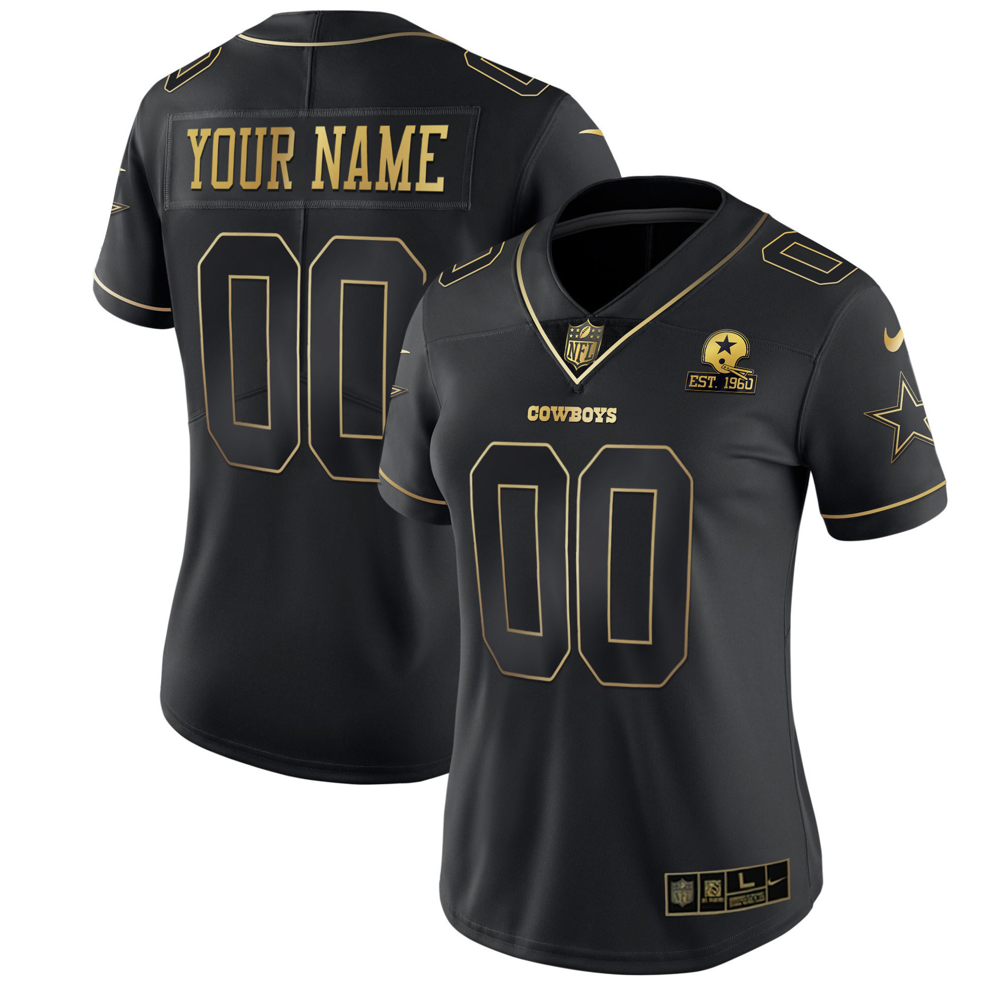 Women's Dallas Cowboys Black Gold & Black Silver Custom Name and Number - Stitched Black Gold Jersey - All Stitched