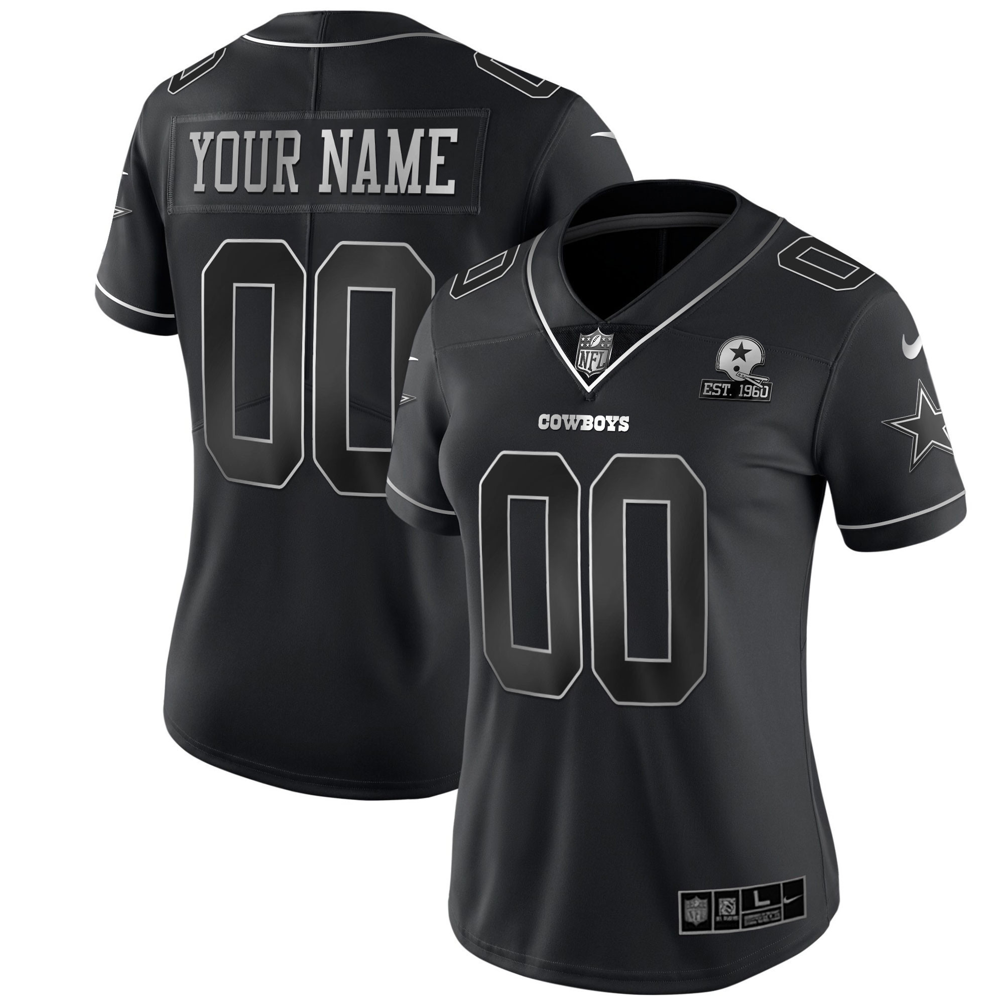 Women's Dallas Cowboys Black Gold & Black Silver Custom Name and Number - Stitched Black Silver Jersey - All Stitched