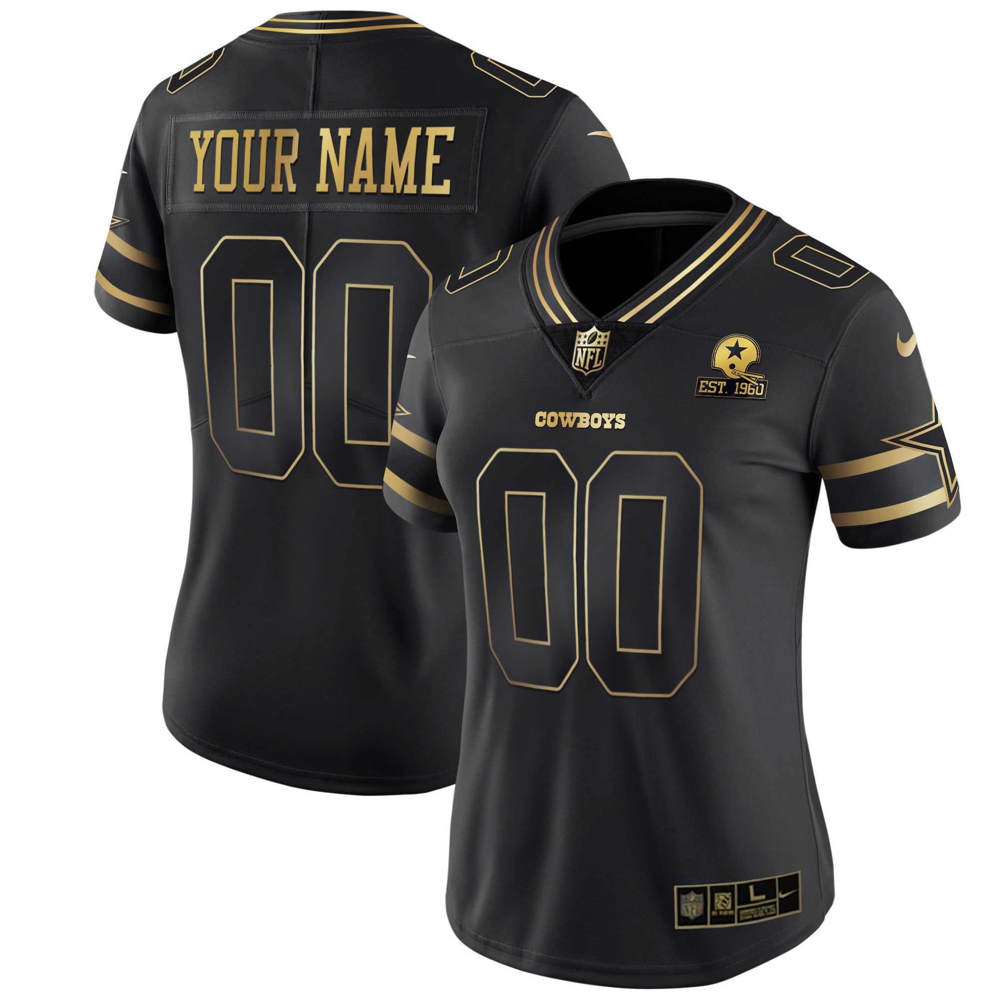 Women's Dallas Cowboys Black Gold & Black Silver Custom Name and Number - Stitched Vapor Limited Gold Jersey - All Stitched