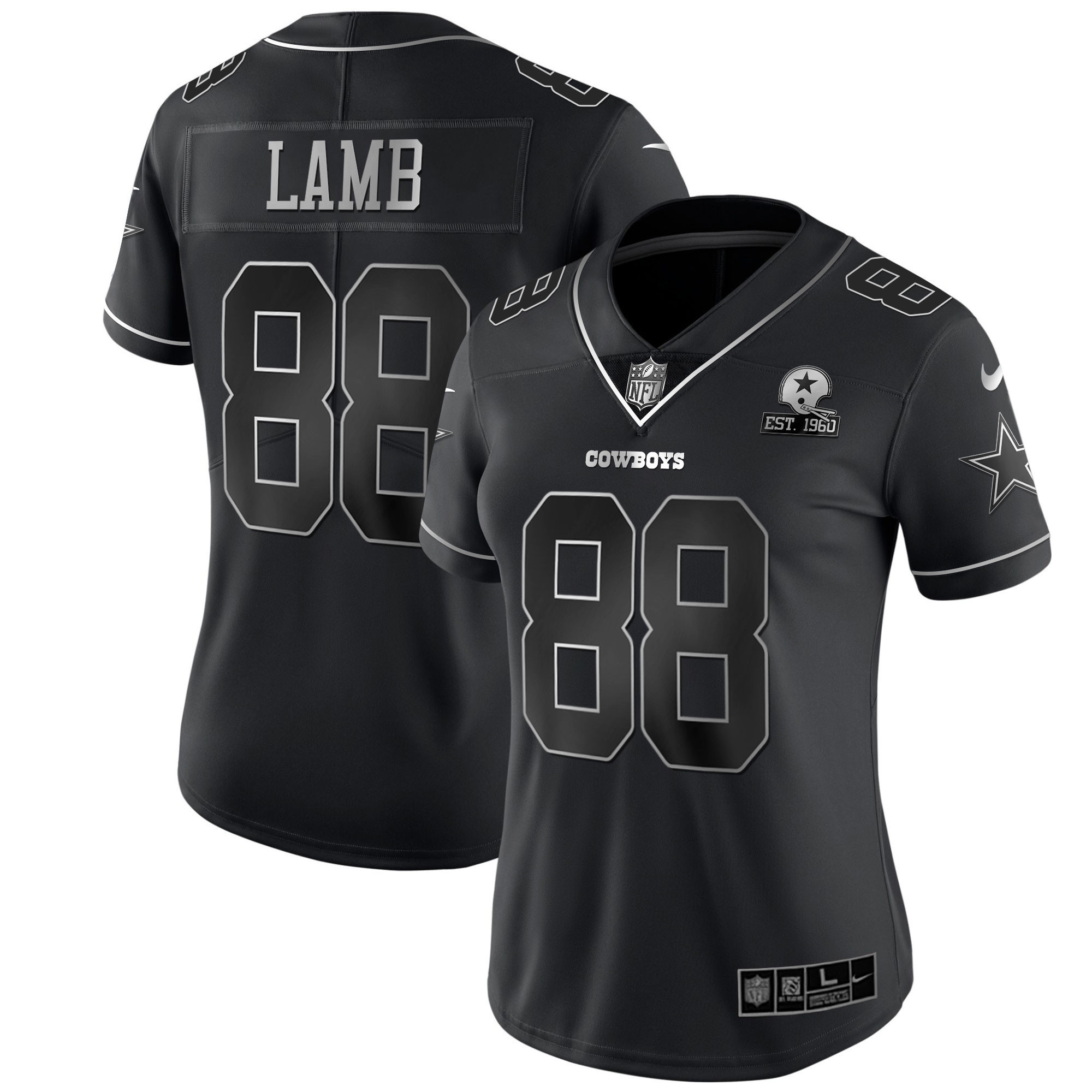 Women's Dallas Cowboys Black Silver Vapor Limited Est 1960 Patch - All Stitched CeeDee Lamb Jersey - All Stitched