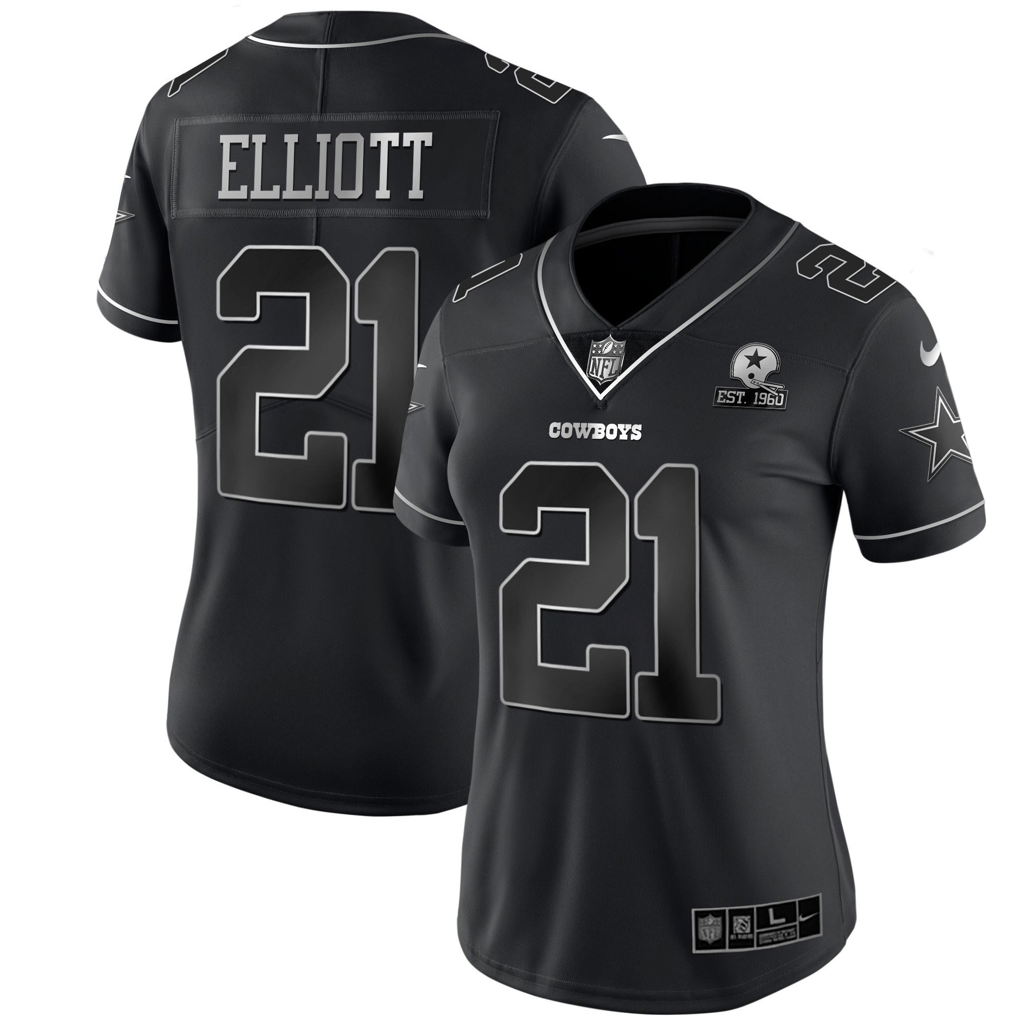 Women's Dallas Cowboys Black Silver Vapor Limited Est 1960 Patch - All Stitched Ezekiel Elliott Jersey - All Stitched