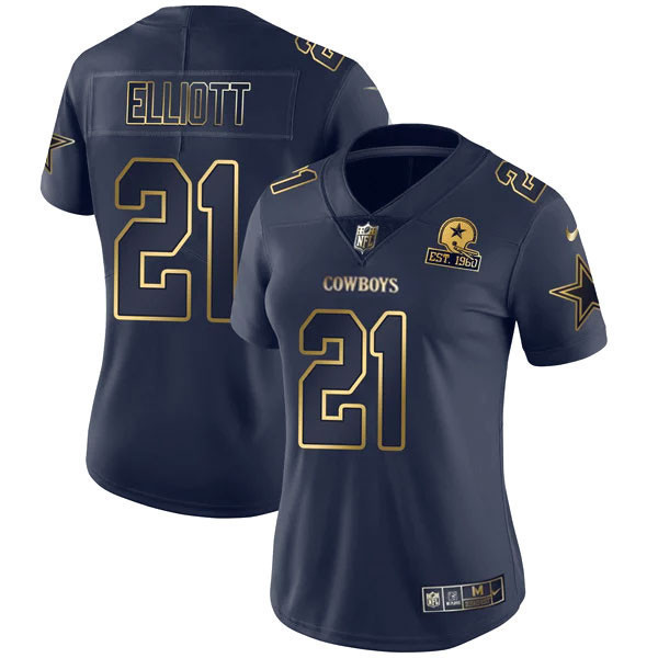 Women's Dallas Cowboys Navy Gold Collection - All Stitched Ezekiel Elliott Jersey - All Stitched