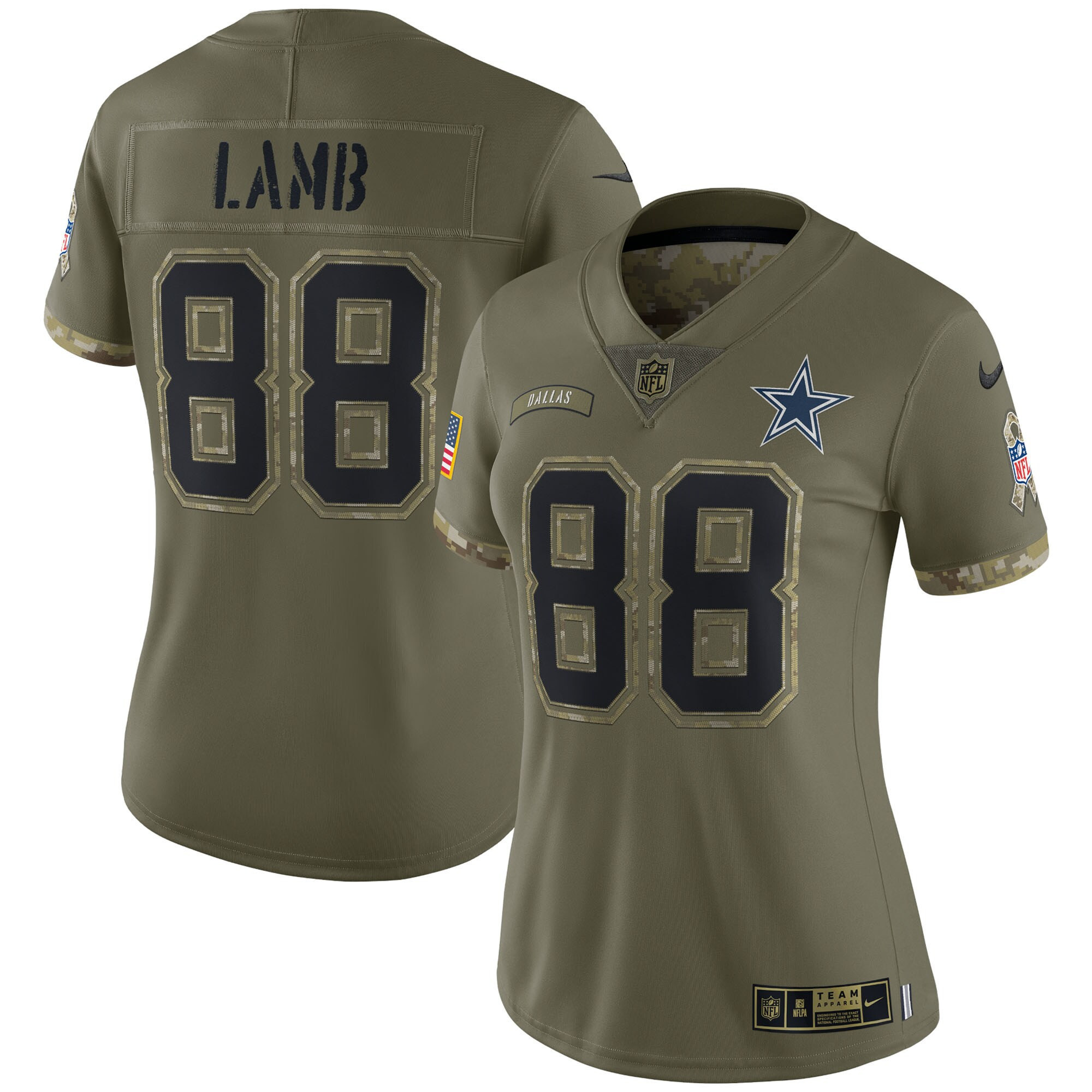 Women's Dallas Cowboys Salute To Service 2022 Limited - Olive - All Stitched CeeDee Lamb Jersey - All Stitched