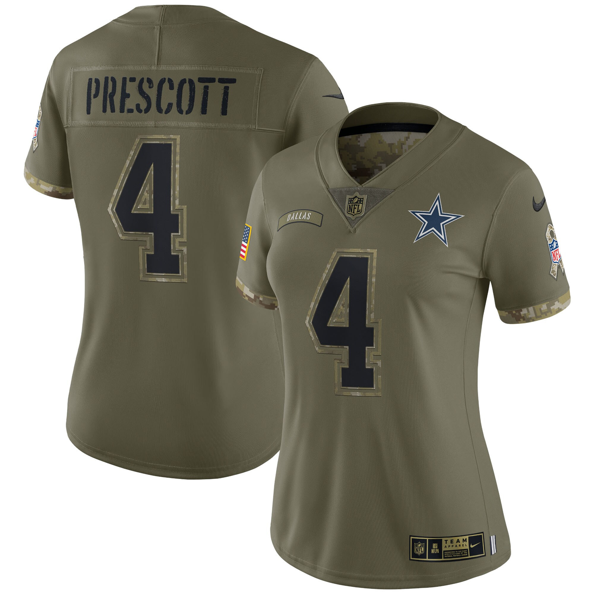 Women's Dallas Cowboys Salute To Service 2022 Limited - Olive - All Stitched Dak Prescott Jersey - All Stitched