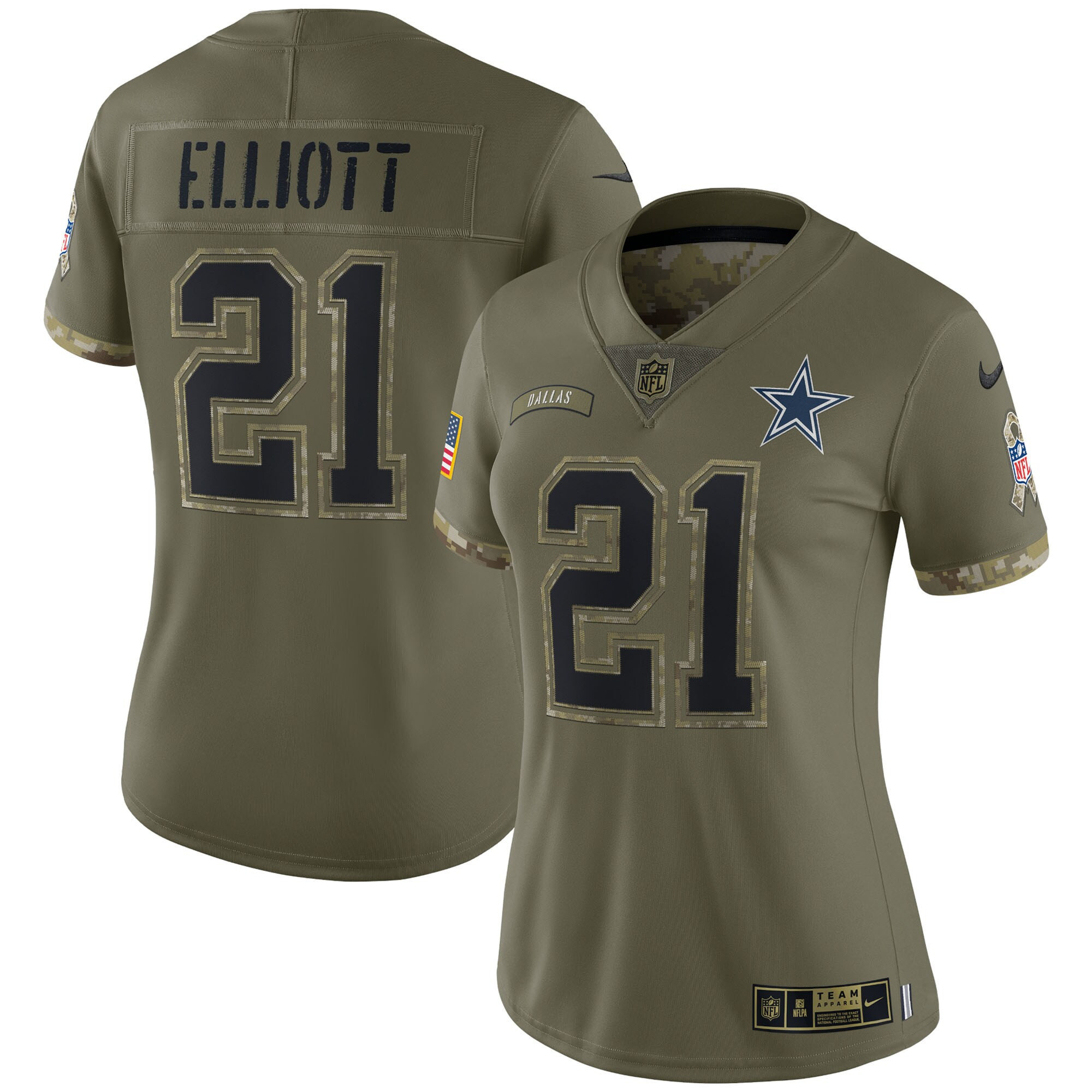 Women's Dallas Cowboys Salute To Service 2022 Limited - Olive - All Stitched Ezekiel Elliott Jersey - All Stitched