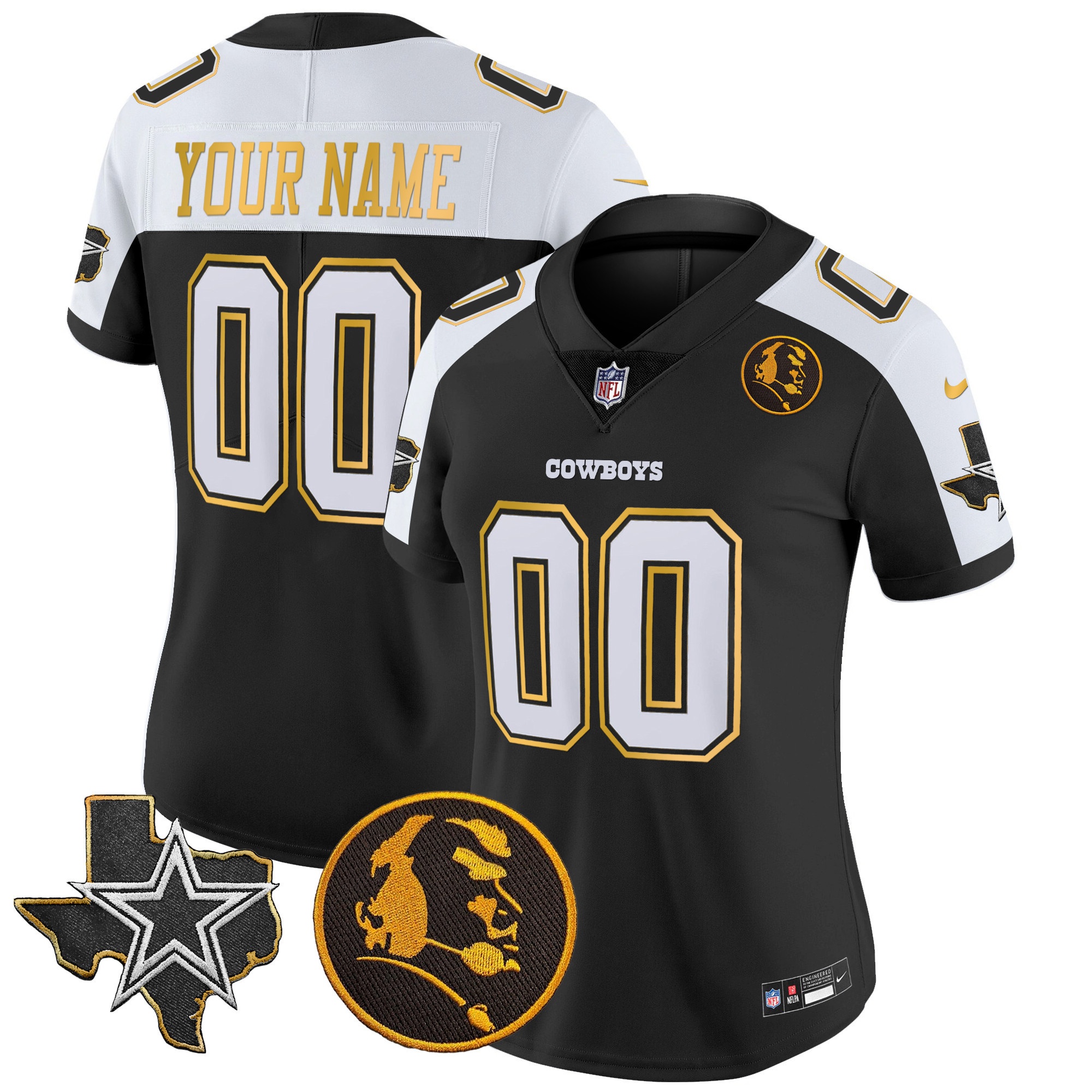 Women's Dallas Cowboys Texas & John Madden Patch Gold Trim Vapor Custom Black Alternate Jersey - All Stitched