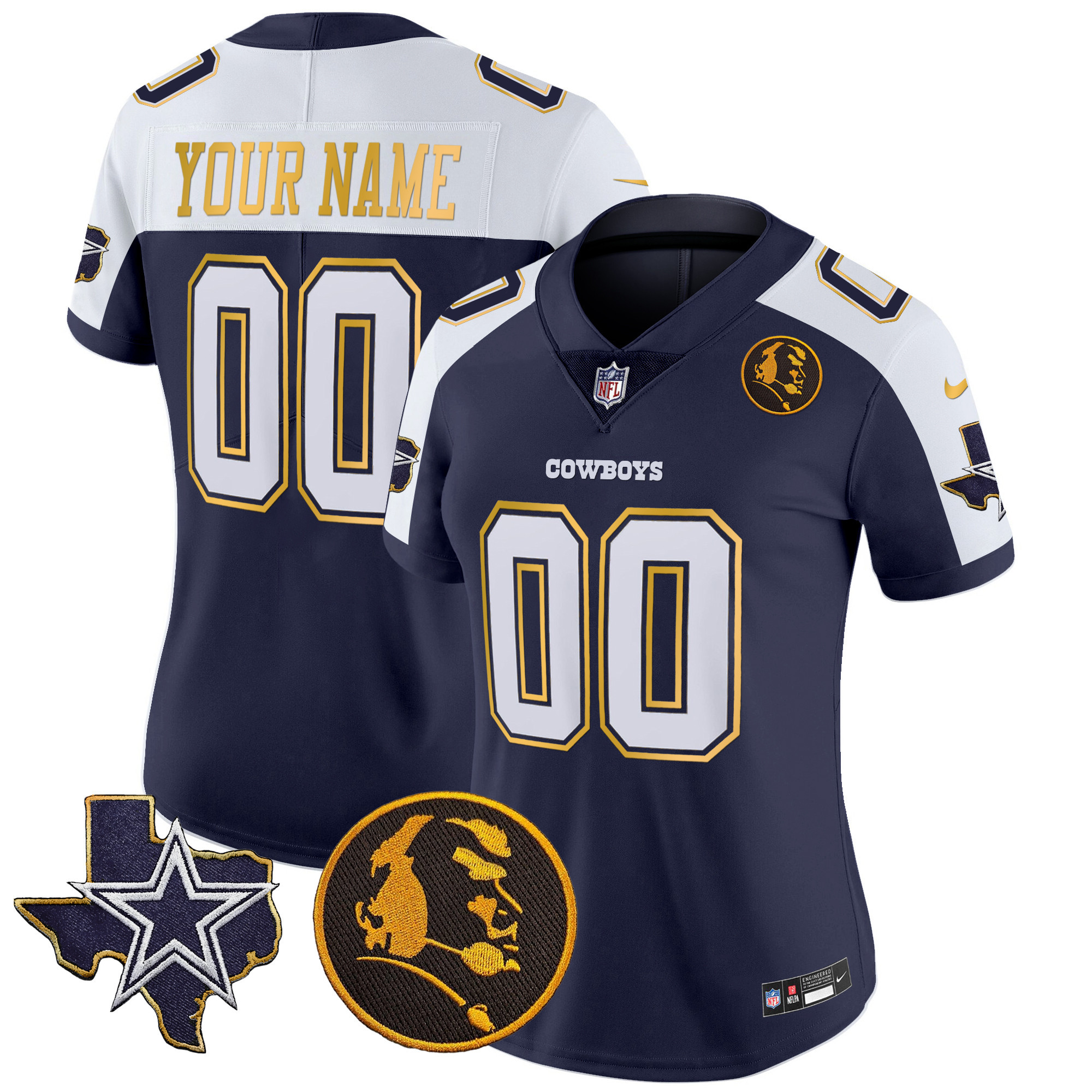 Women's Dallas Cowboys Texas & John Madden Patch Gold Trim Vapor Custom Navy Alternate Jersey - All Stitched