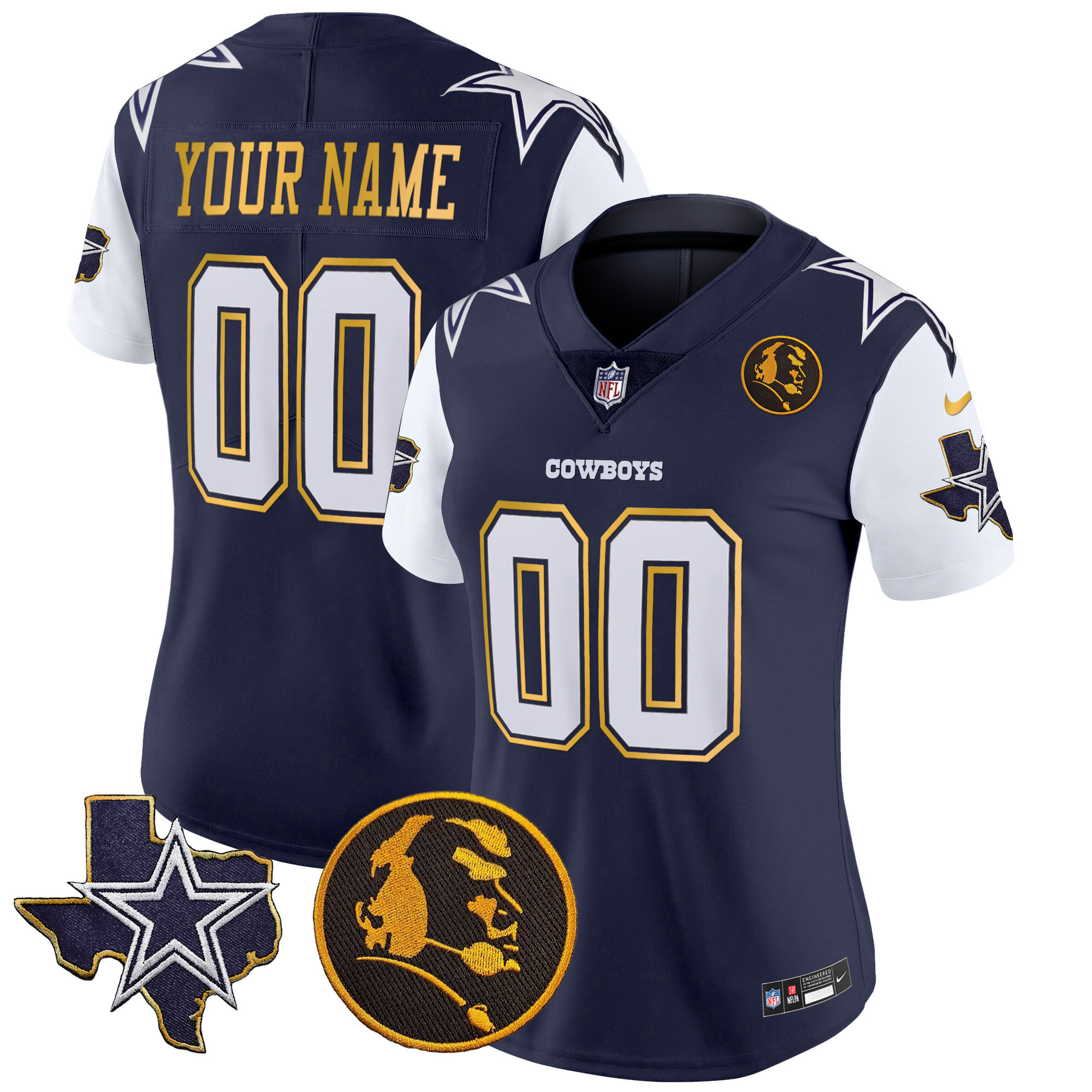 Women's Dallas Cowboys Texas & John Madden Patch Gold Trim Vapor Custom Navy Jersey - All Stitched