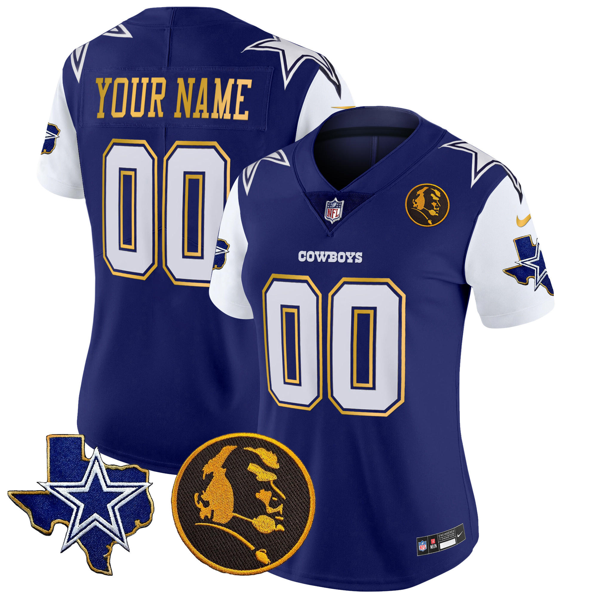 Women's Dallas Cowboys Texas & John Madden Patch Gold Trim Vapor Custom Royal Jersey - All Stitched