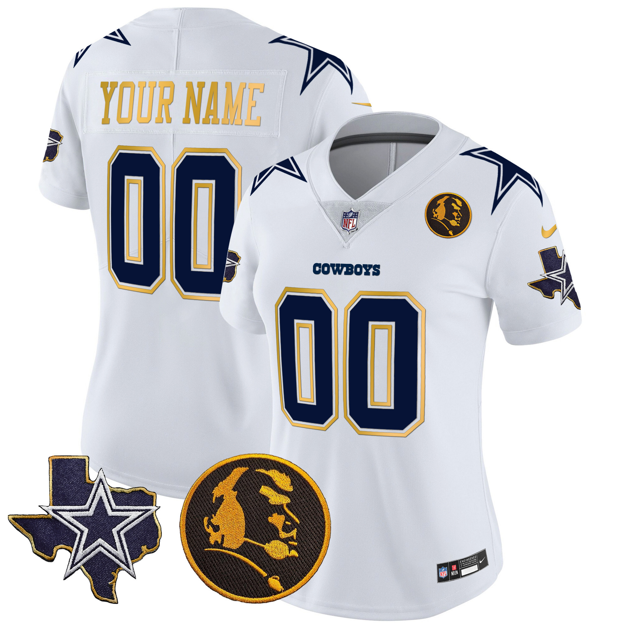 Women's Dallas Cowboys Texas & John Madden Patch Gold Trim Vapor Custom White Jersey - All Stitched