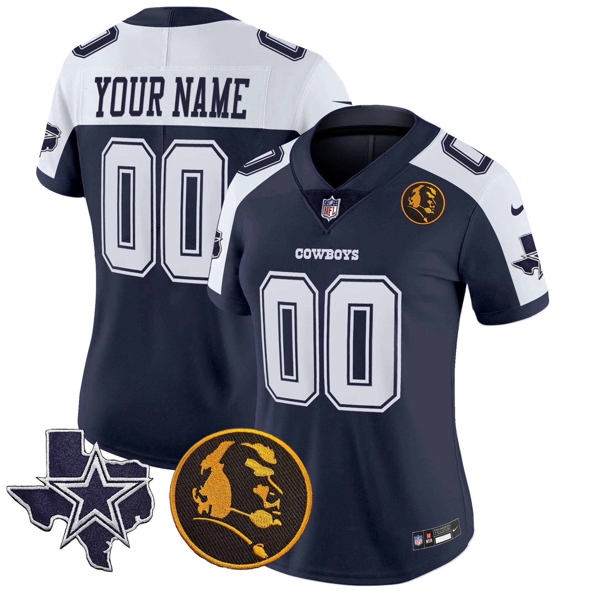 Women's Dallas Cowboys Texas & John Madden Patch Vapor Custom Alternate Navy Jersey - All Stitched