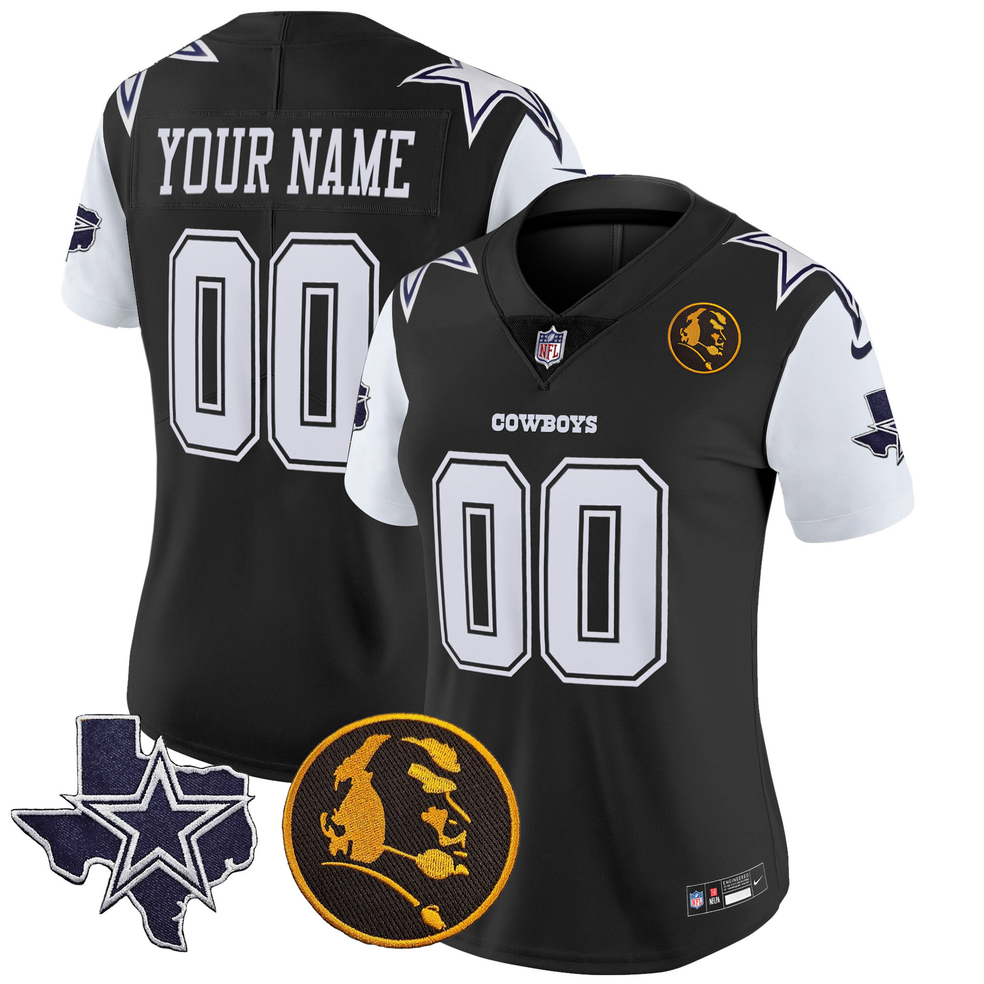 Women's Dallas Cowboys Texas & John Madden Patch Vapor Custom Black Jersey - All Stitched