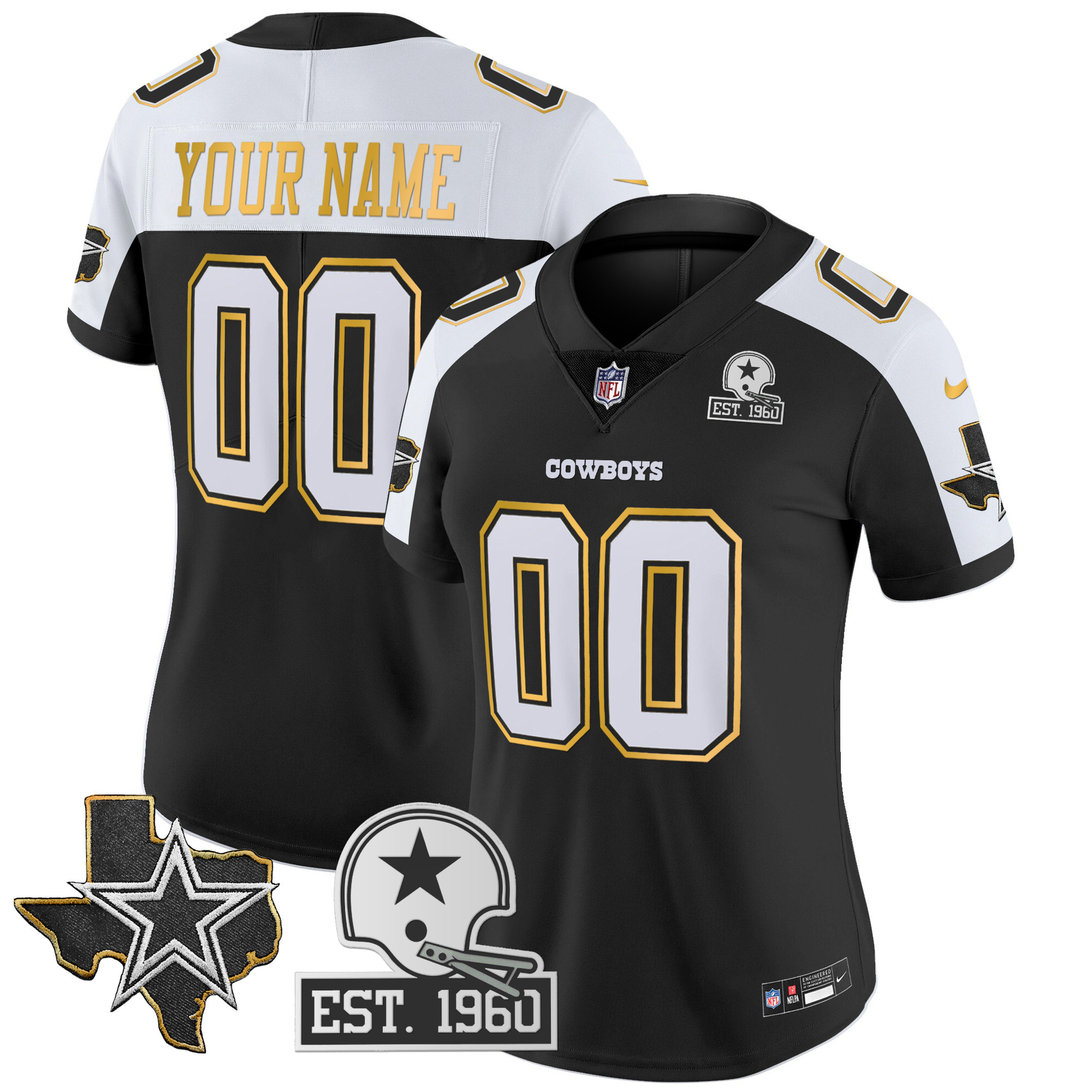 Women's Dallas Cowboys Texas Patch Gold Trim Vapor Custom Black Alternate Jersey - All Stitched