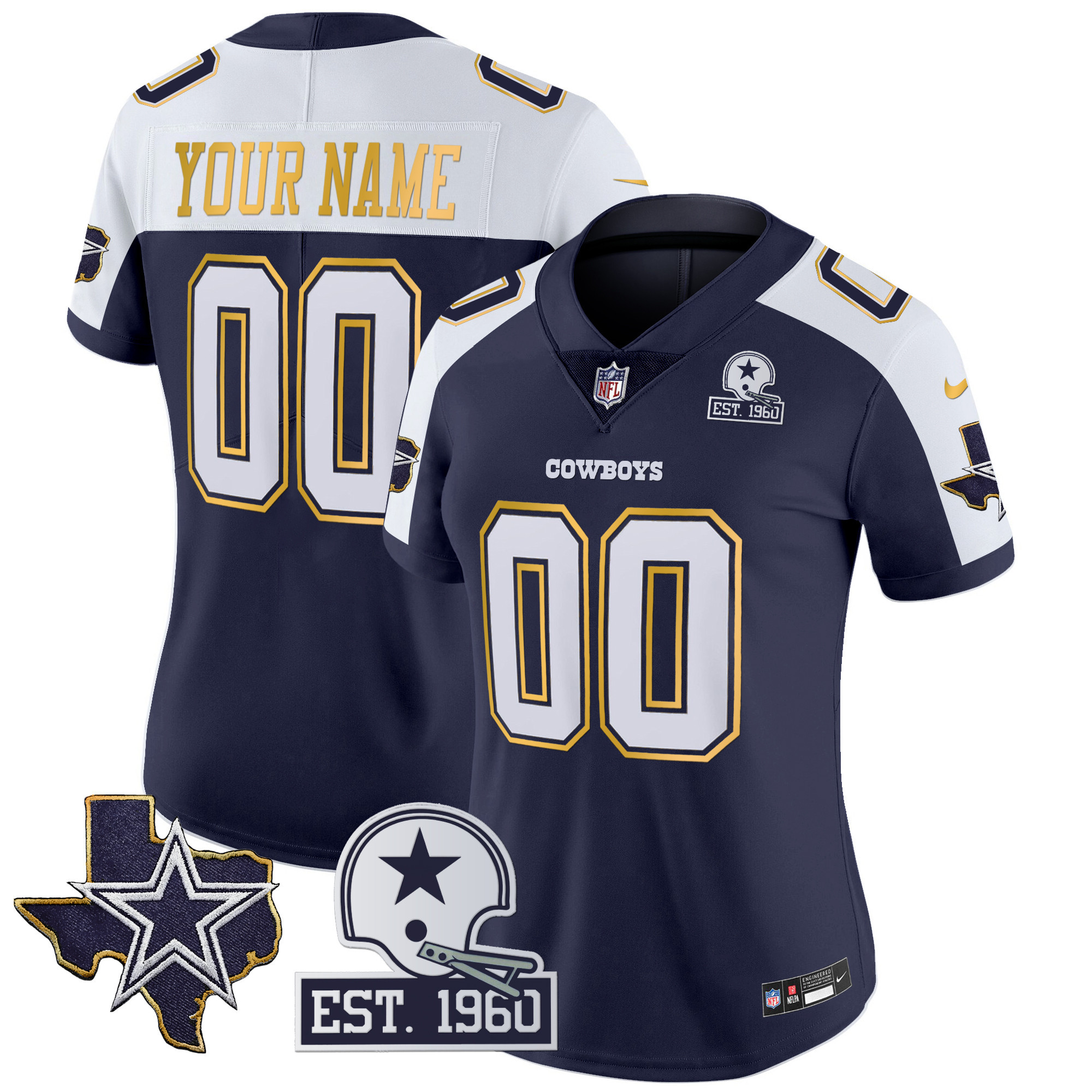 Women's Dallas Cowboys Texas Patch Gold Trim Vapor Custom Navy Alternate Jersey - All Stitched