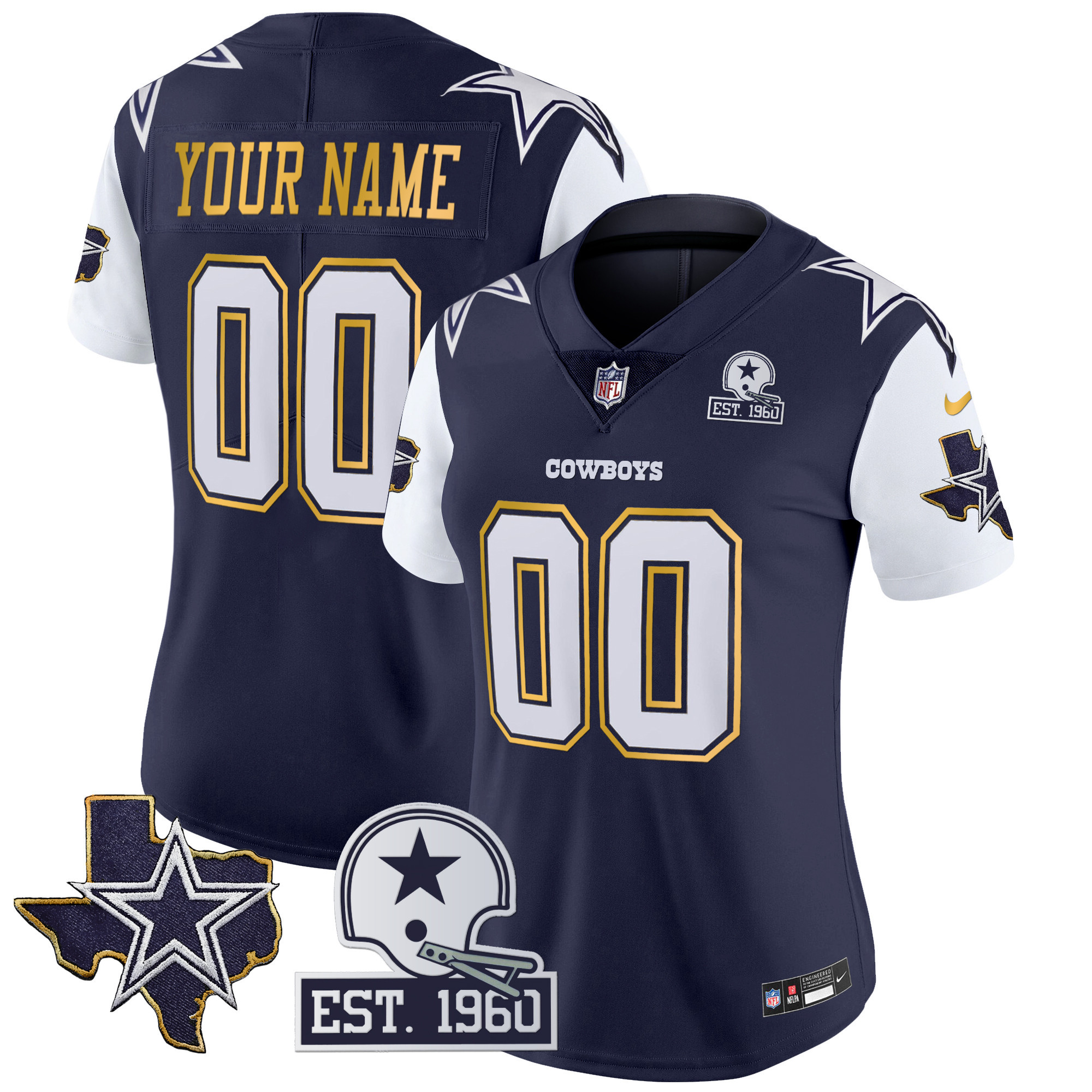 Women's Dallas Cowboys Texas Patch Gold Trim Vapor Custom Navy Jersey - All Stitched
