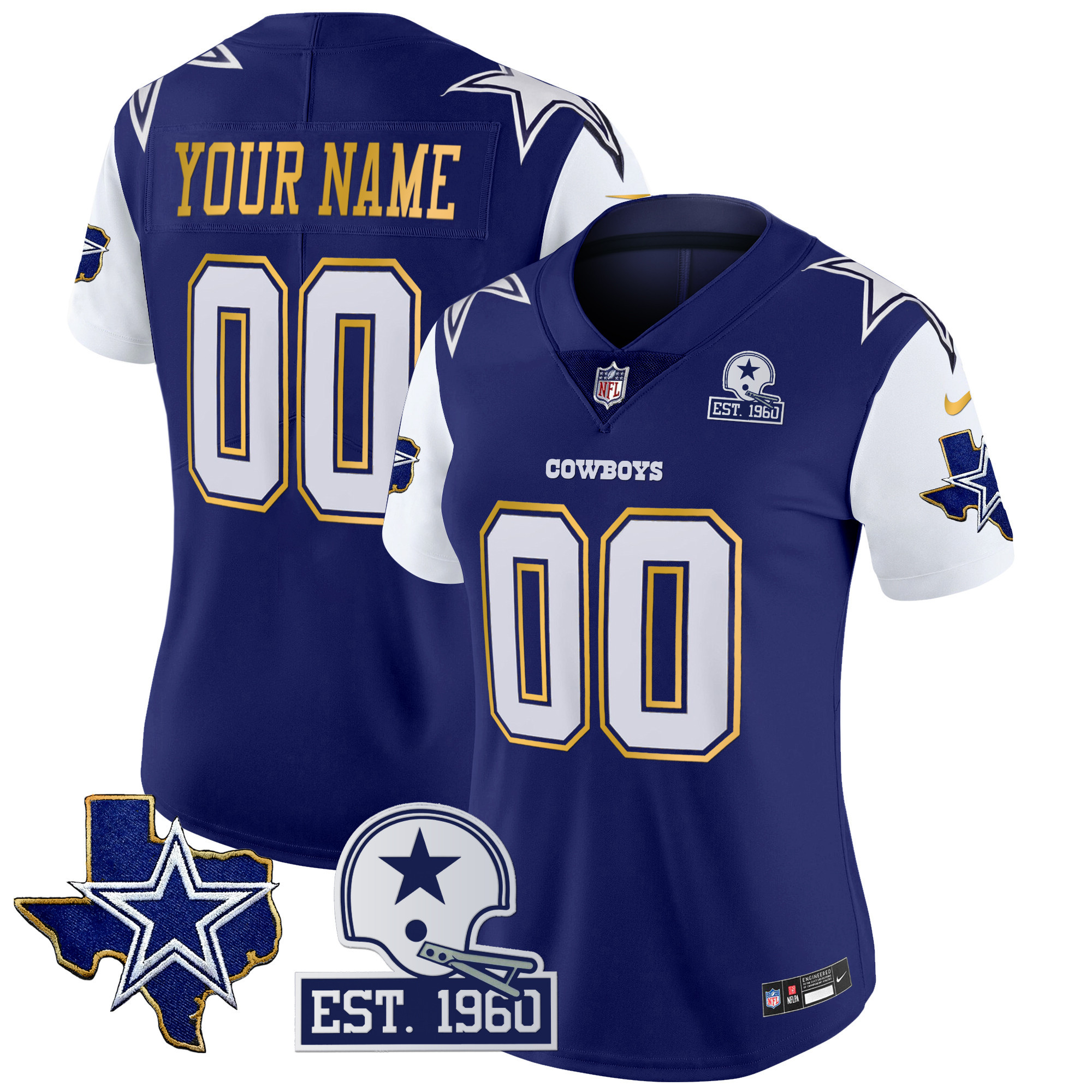Women's Dallas Cowboys Texas Patch Gold Trim Vapor Custom Royal Jersey - All Stitched