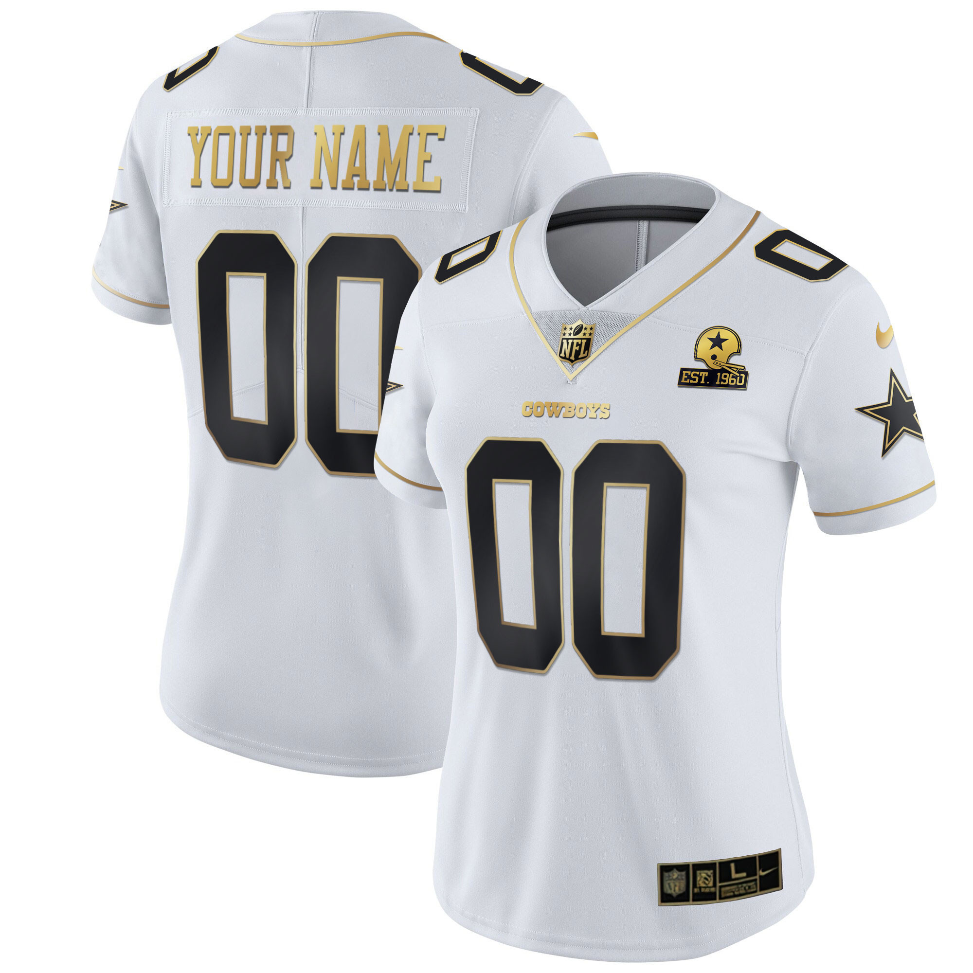 Women's Dallas Cowboys White Gold Custom Name and Number - All Stitched S Jersey - All Stitched