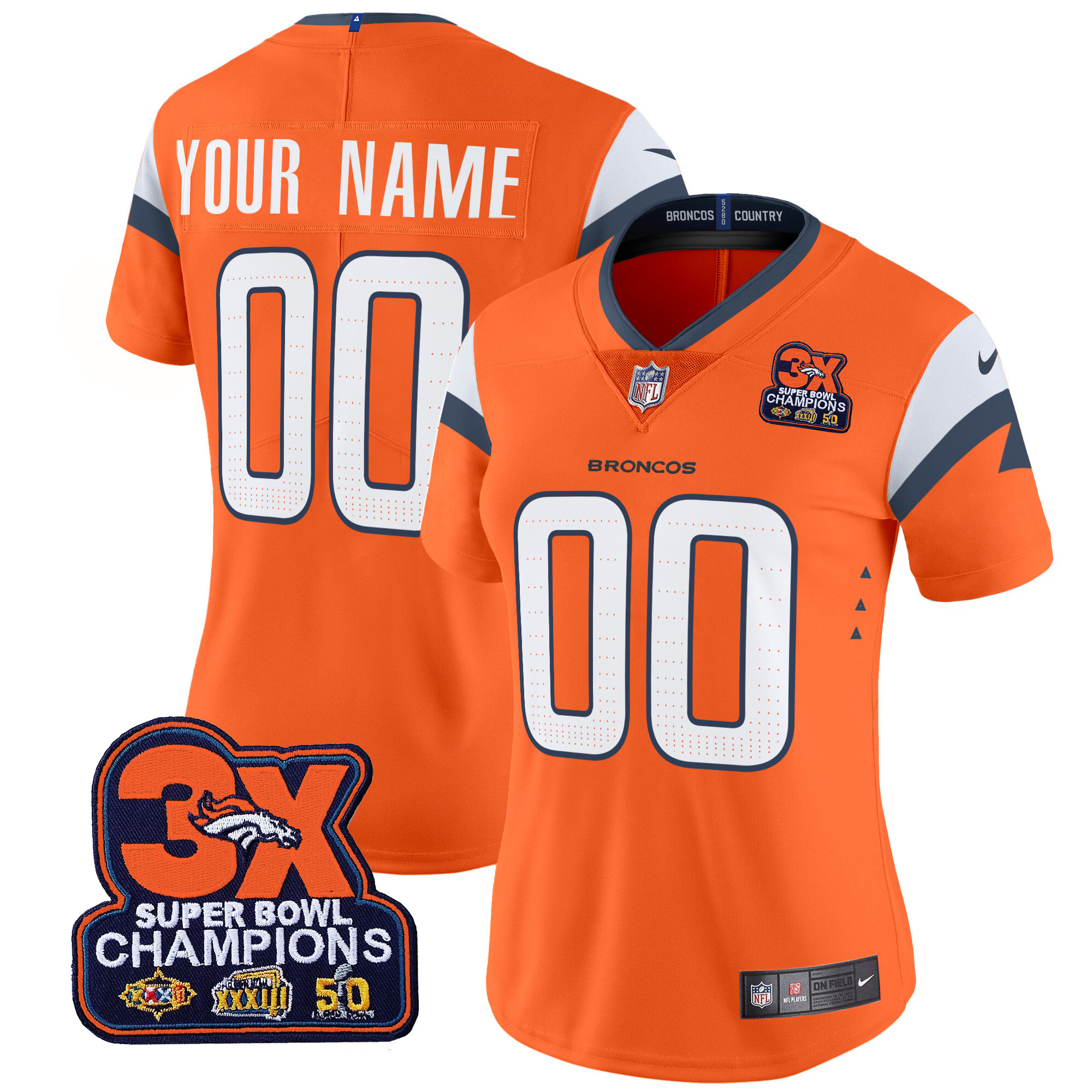 Women's Denver Broncos 3-Time Champions Patch Vapor Limited Custom Orange Jersey - All Stitched