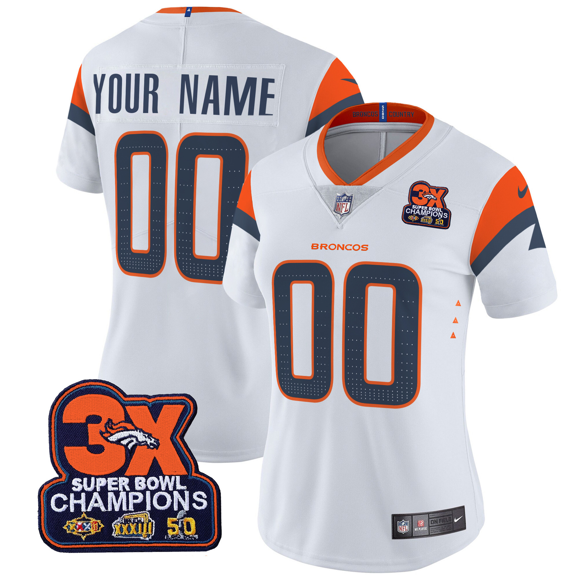 Women's Denver Broncos 3-Time Champions Patch Vapor Limited Custom White Jersey - All Stitched