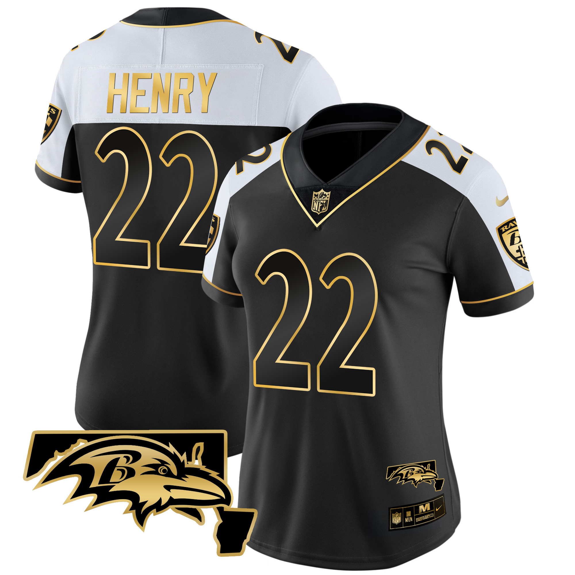 Women's Derrick Henry Baltimore Ravens Maryland Patch Vapor Gold Alternate Jersey - All Stitched