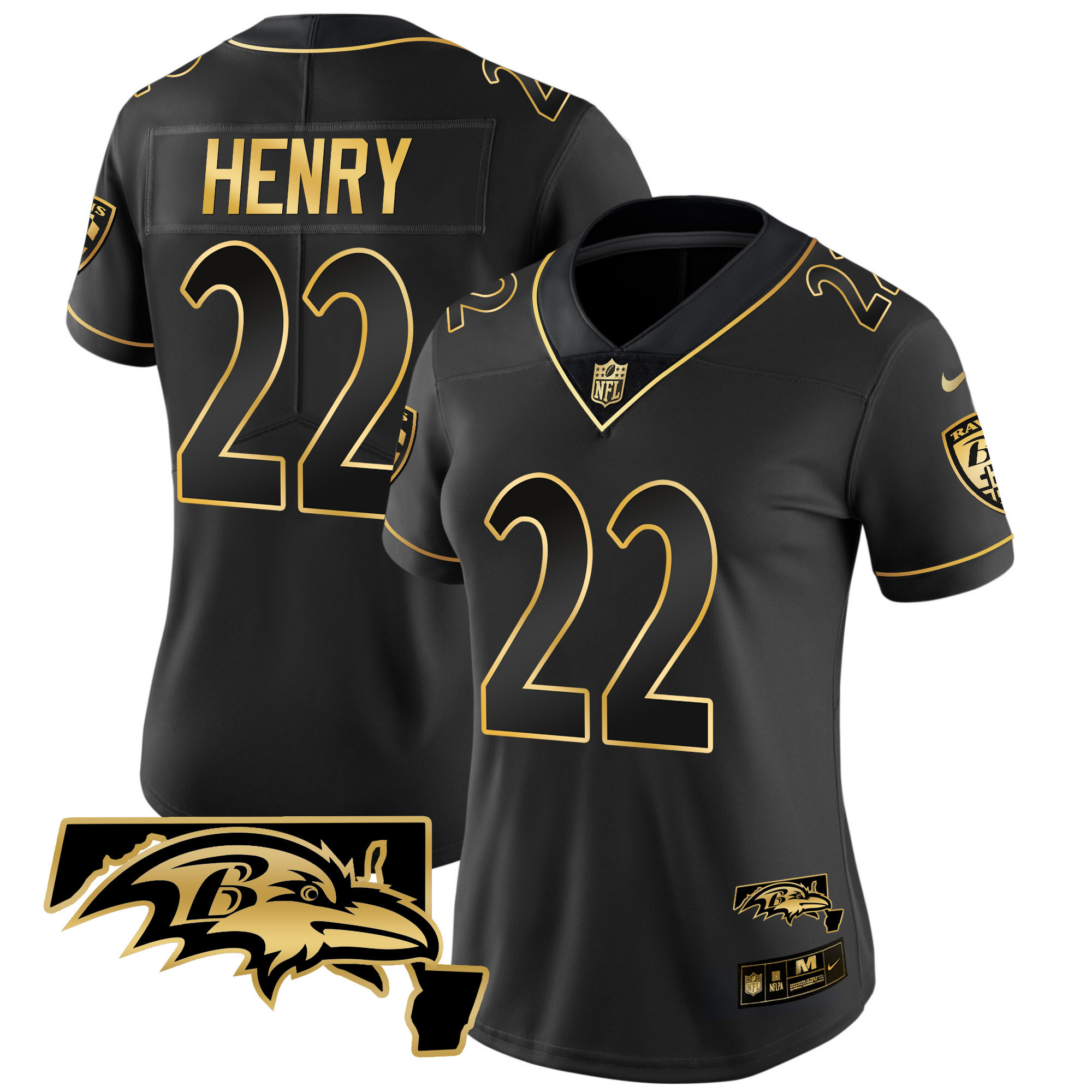 Women's Derrick Henry Baltimore Ravens Maryland Patch Vapor Gold Black Gold Jersey - All Stitched