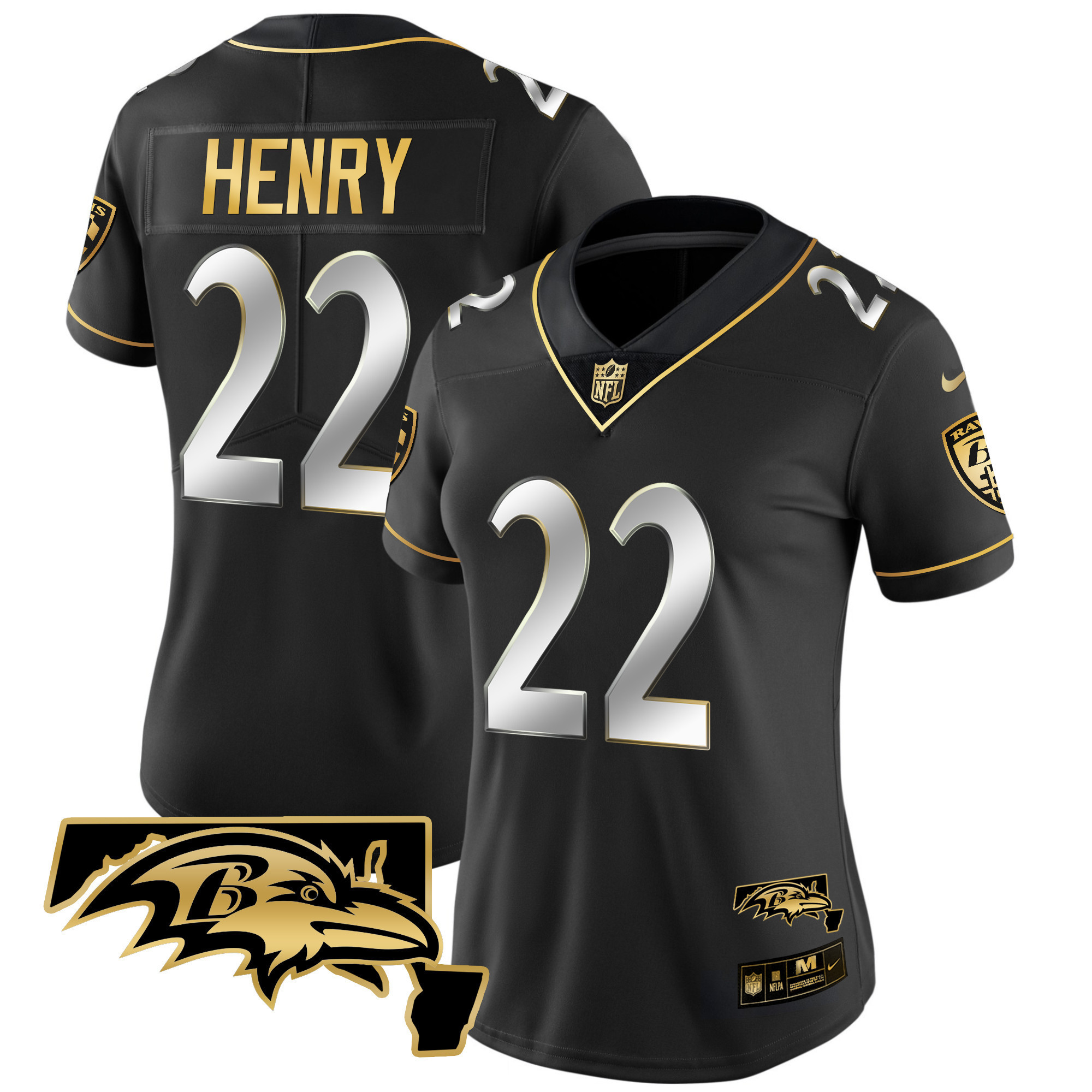 Women's Derrick Henry Baltimore Ravens Maryland Patch Vapor Gold Black Limited Jersey - All Stitched