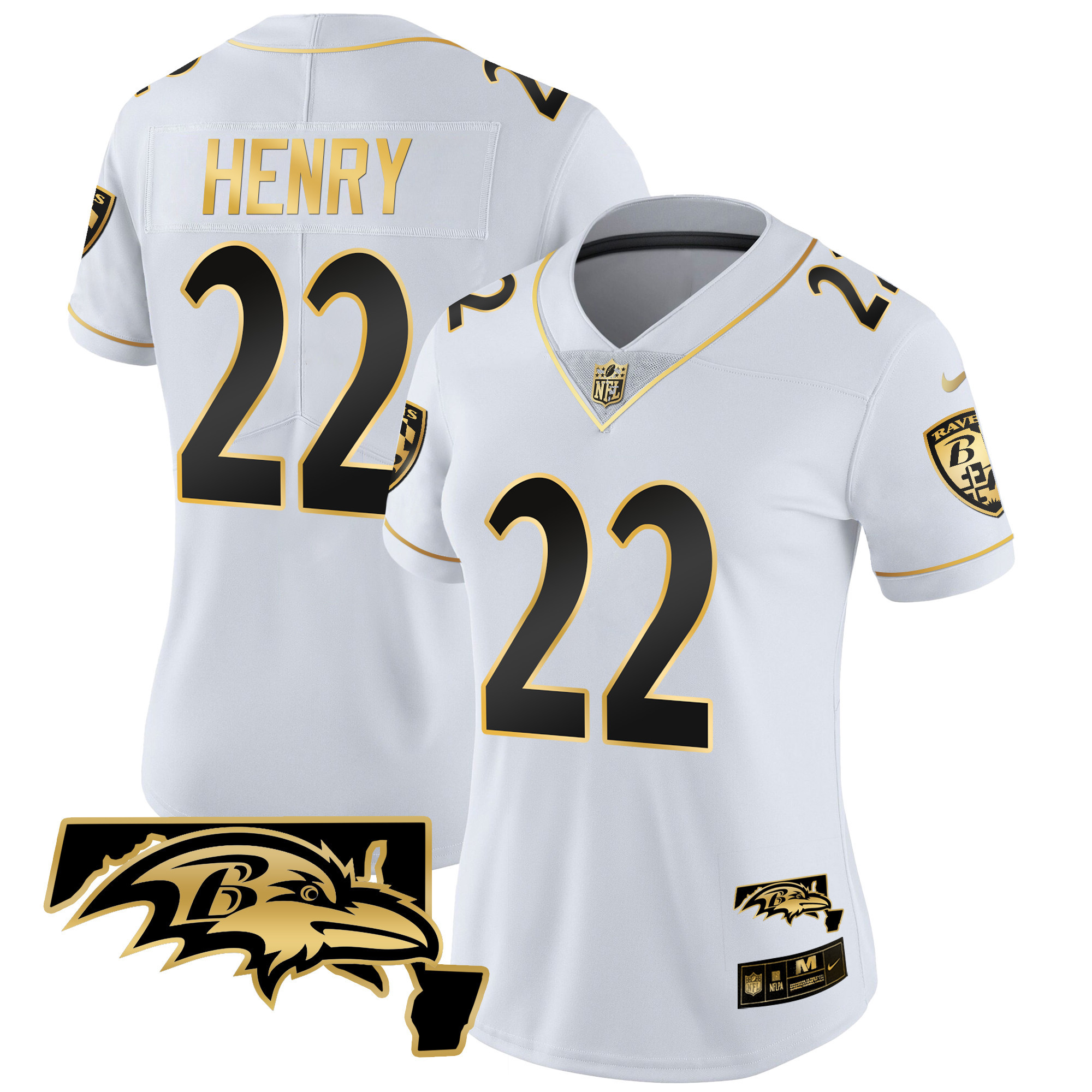 Women's Derrick Henry Baltimore Ravens Maryland Patch Vapor Gold White Gold Jersey - All Stitched