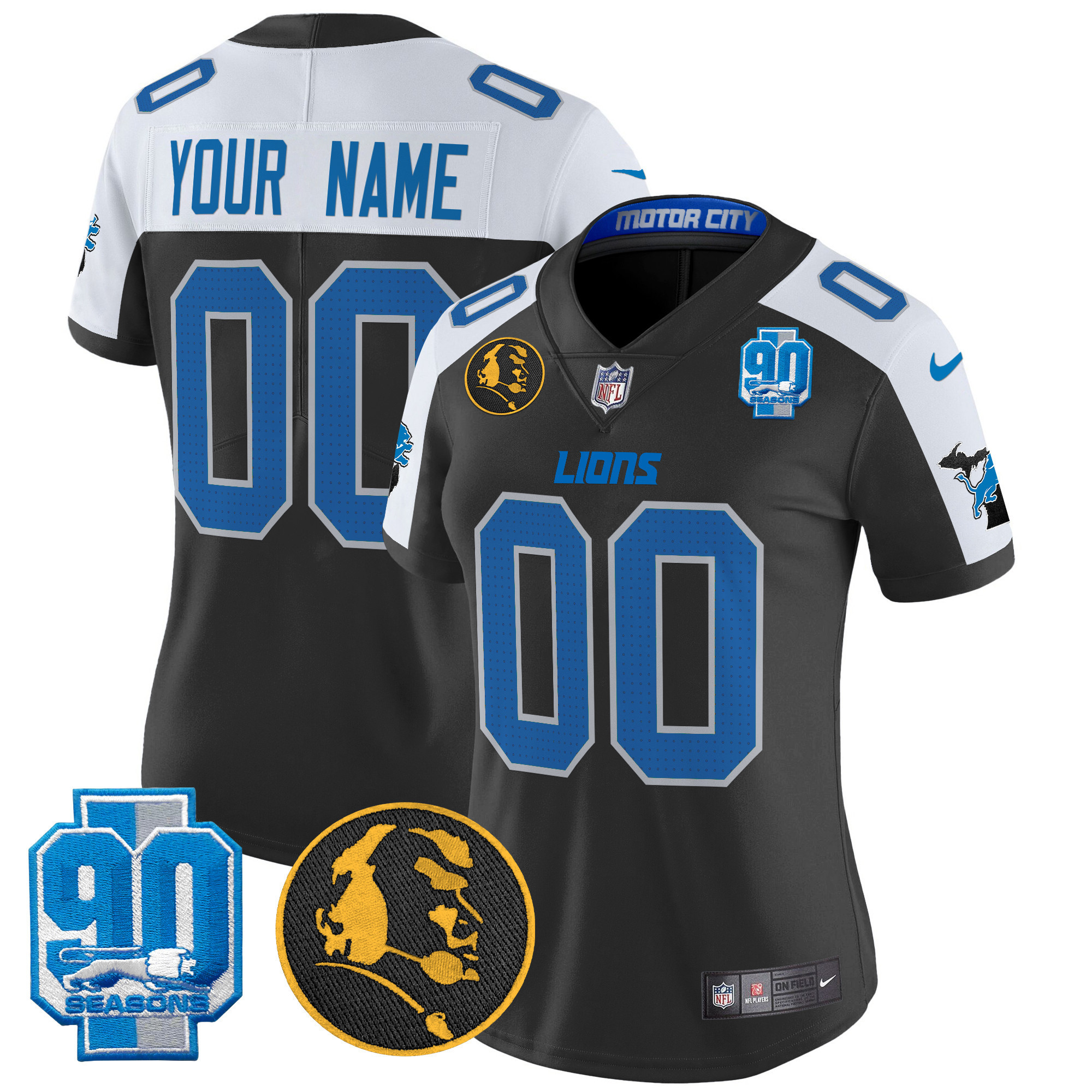 Women's Detroit Lions 2024 90th & John Madden Patch Vapor Limited Custom Alternate Jersey - All Stitched