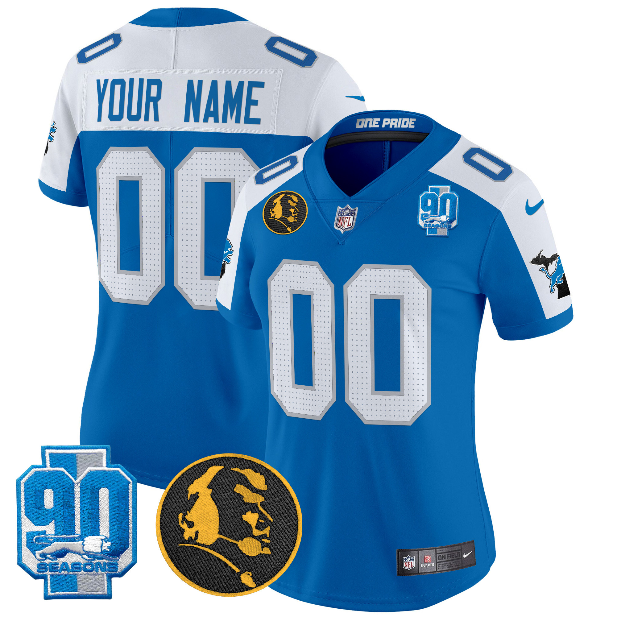 Women's Detroit Lions 2024 90th & John Madden Patch Vapor Limited Custom Blue Alternate Jersey - All Stitched